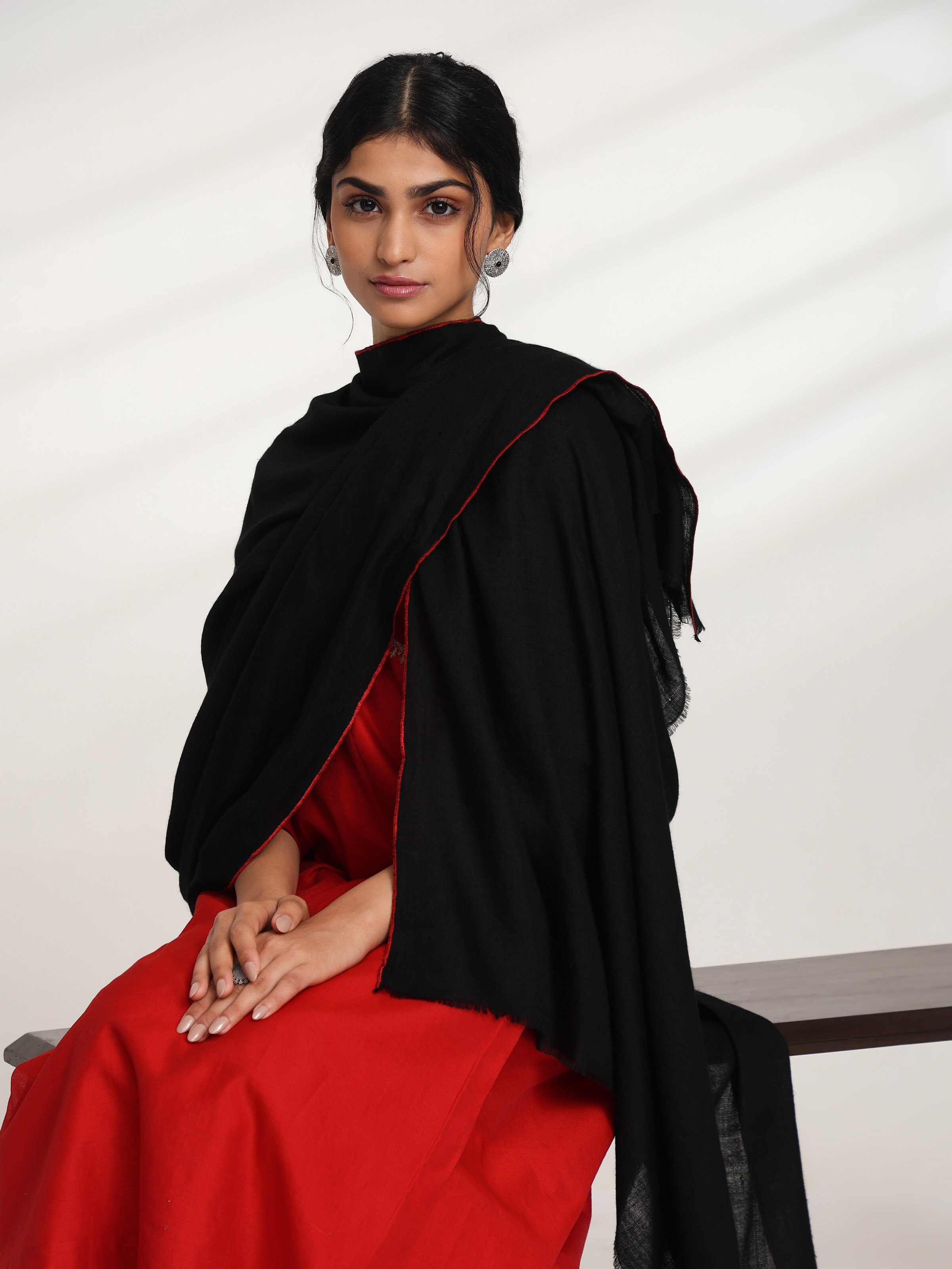 Black Cashmere Kaaj Embroidered Handwoven Stole