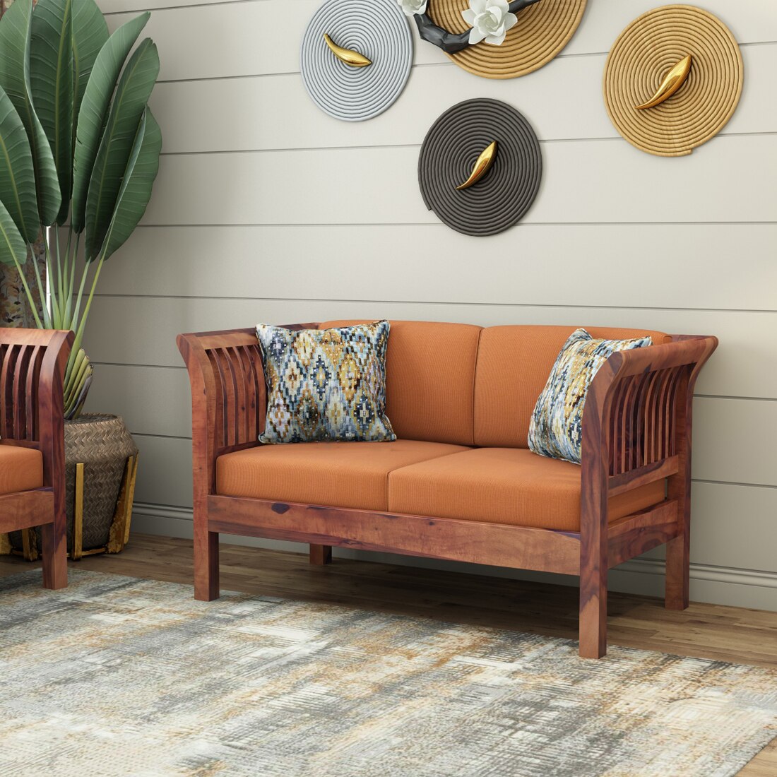 Haveli 2 Seater Wooden Sofa (Orange Colour, Teak Finish)