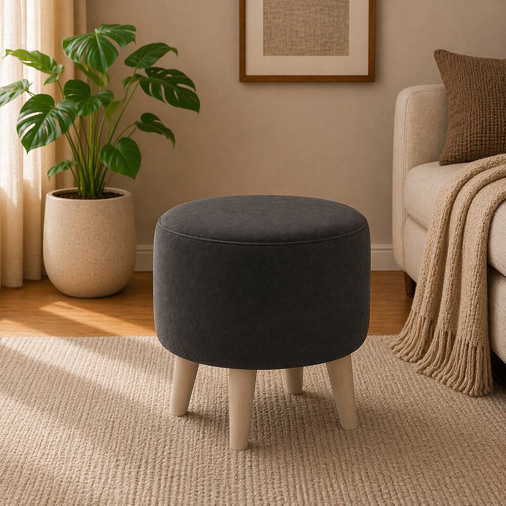 Doe Buck Parker Velvet Round Ottoman Stool in Grey Colour with Wooden Legs - Doe Buck