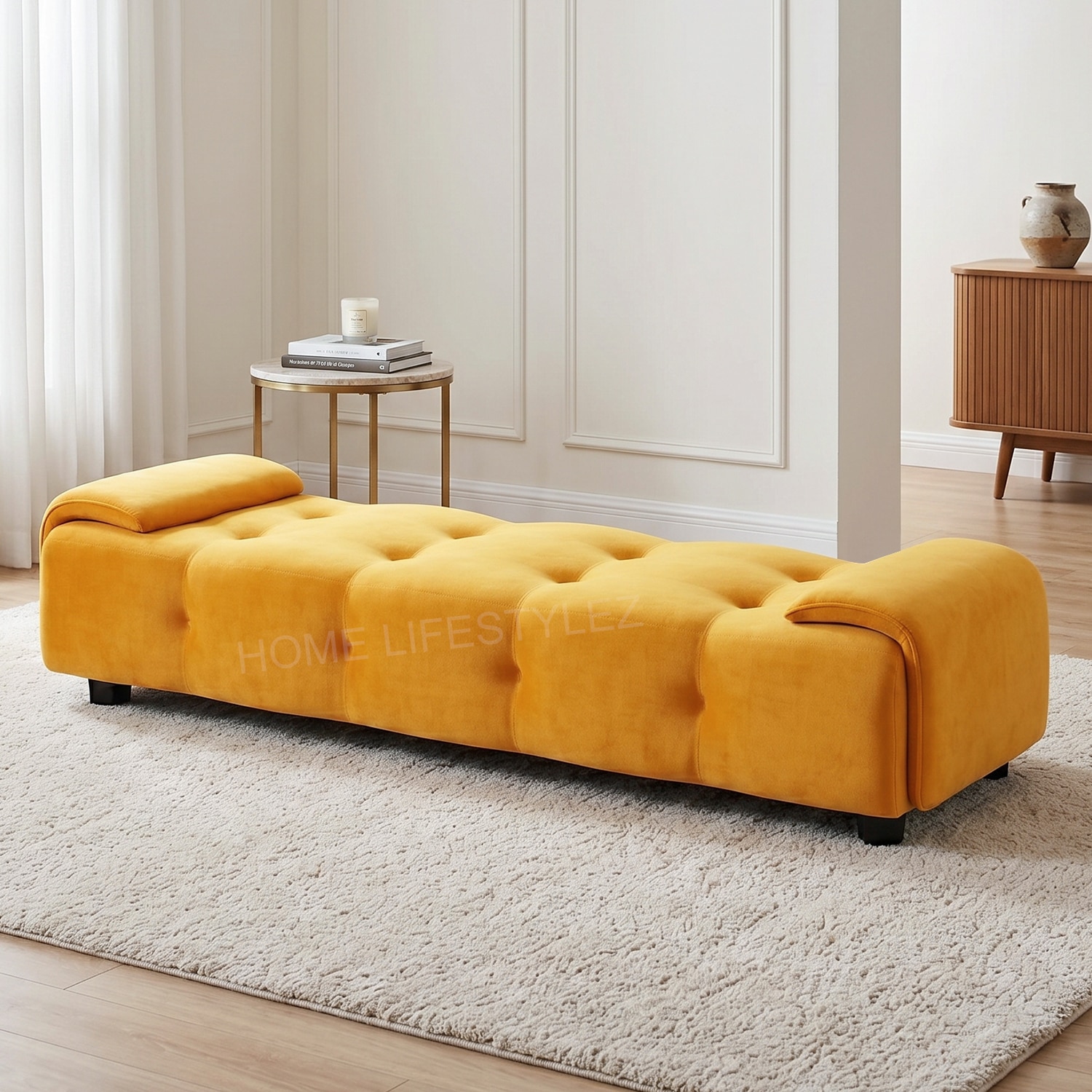 home lifestylez Melon Velvet 5 feet Ottoman Bench in Yellow Color-picture-6