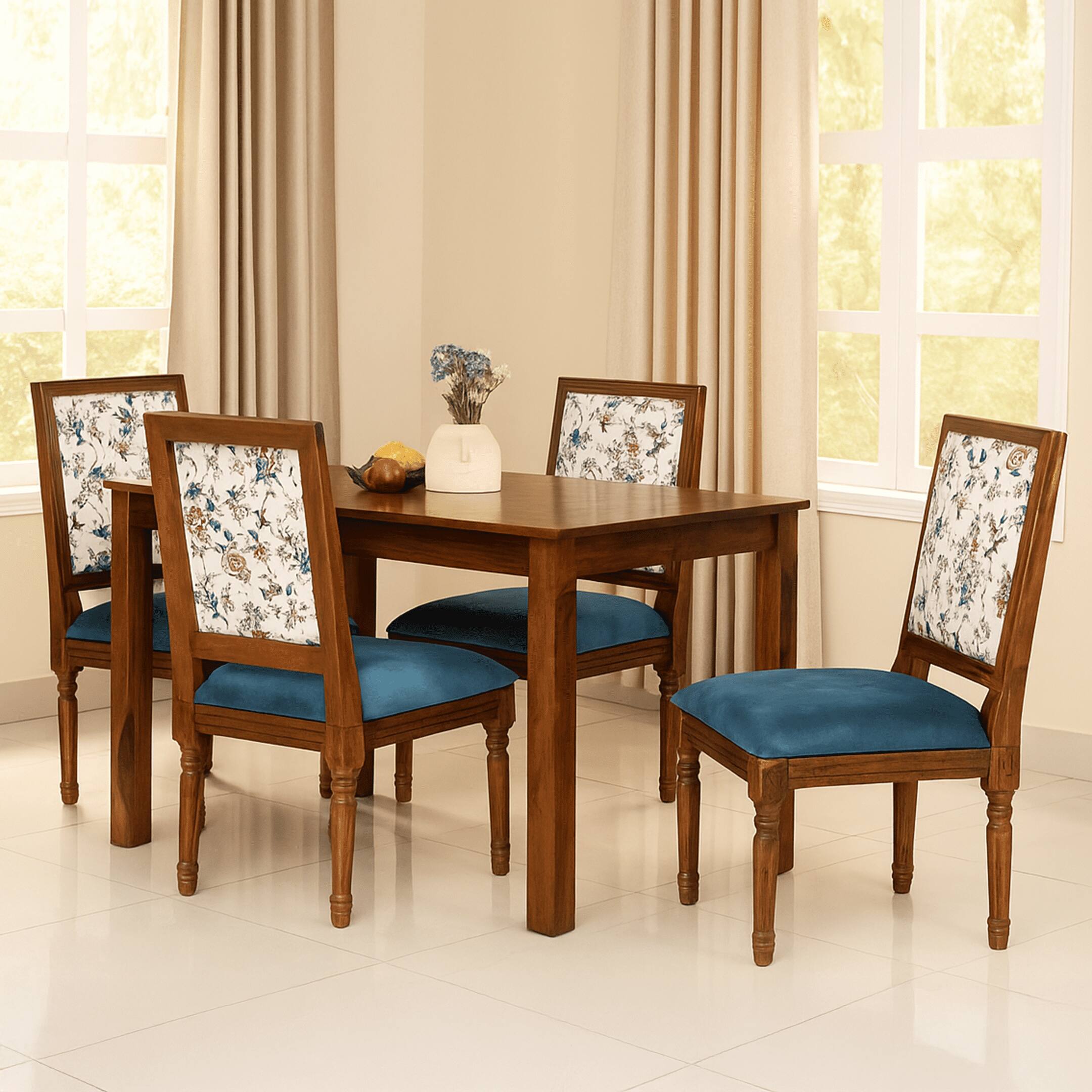 Globally Indian Sheesham Wood 4 Seater Dining Table Set With 4 Solid Wood Upholstered Chairs – In Blue Color