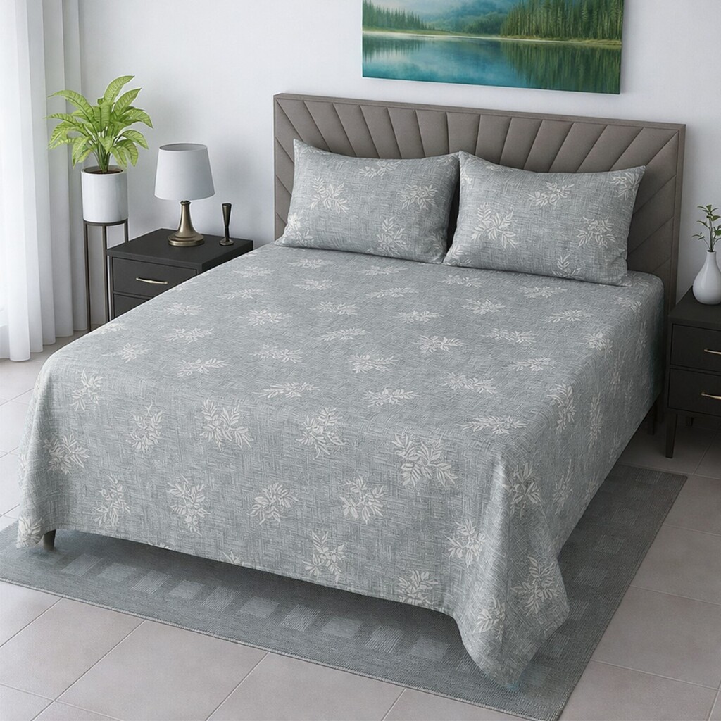 Isla Green Floral 400 TC Cotton Flat Super King Size Bedsheet with 2 Pillow Covers – Threads