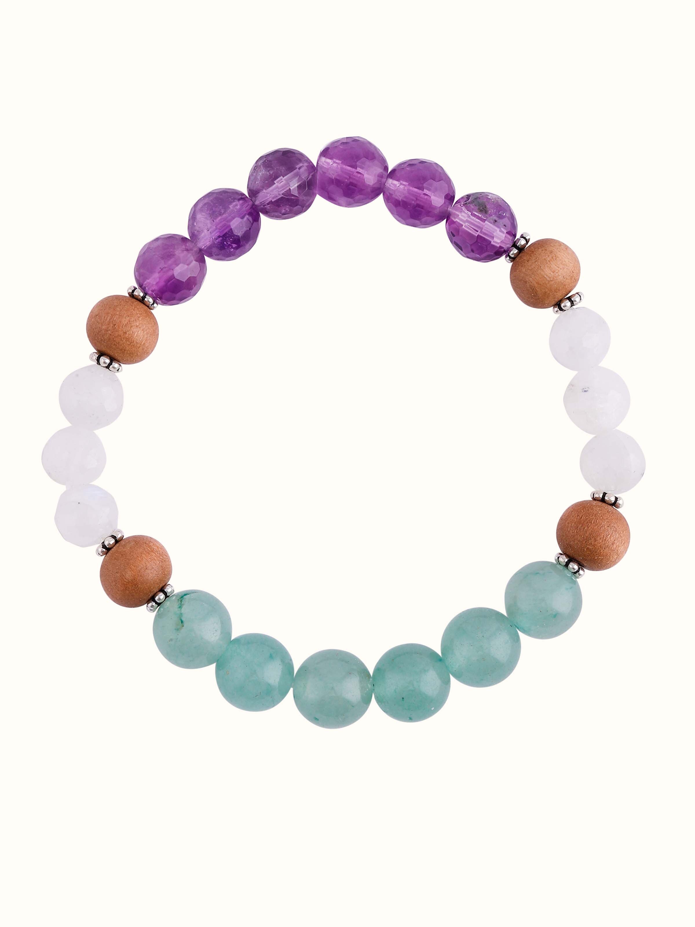 Front view of Amethyst, Green Aventurine & White Moonstone Silver Bracelet featuring a vibrant mix of gemstones set in silver