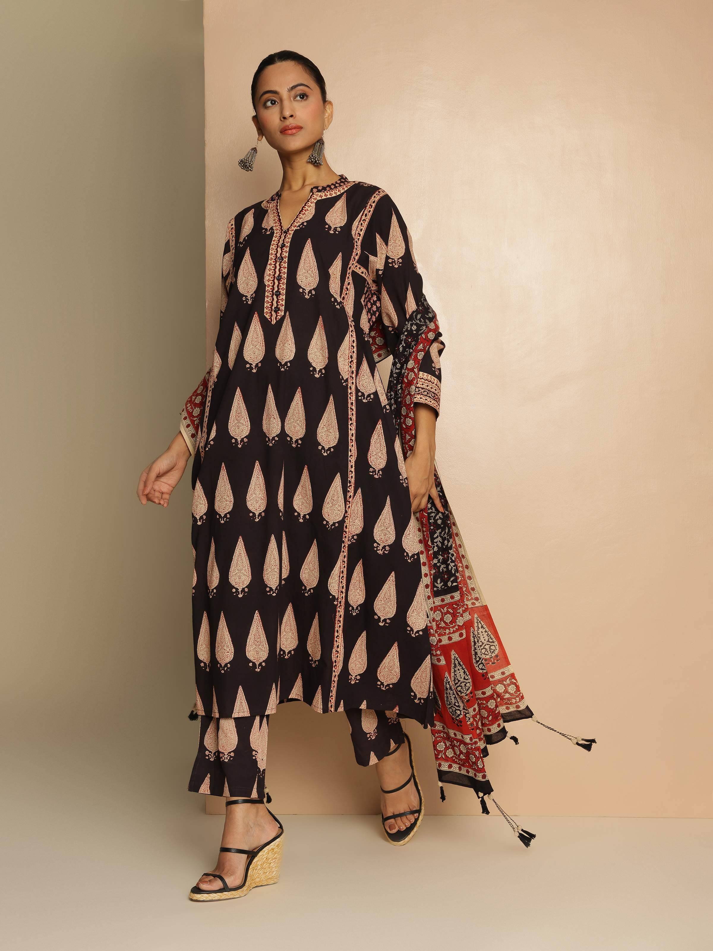 Black Cotton Bagru Block Printed Straight Pants