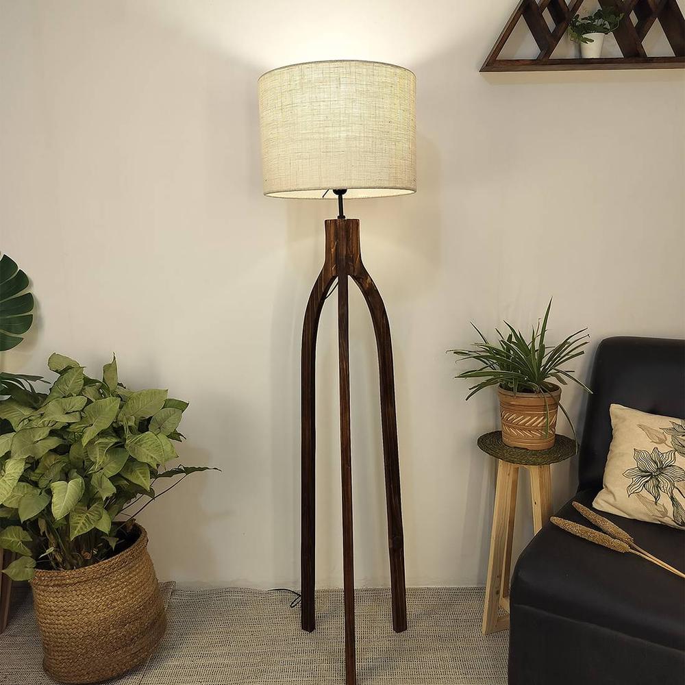Trilogy Wooden Floor Lamp with Brown Base and Jute Fabric Lampshade