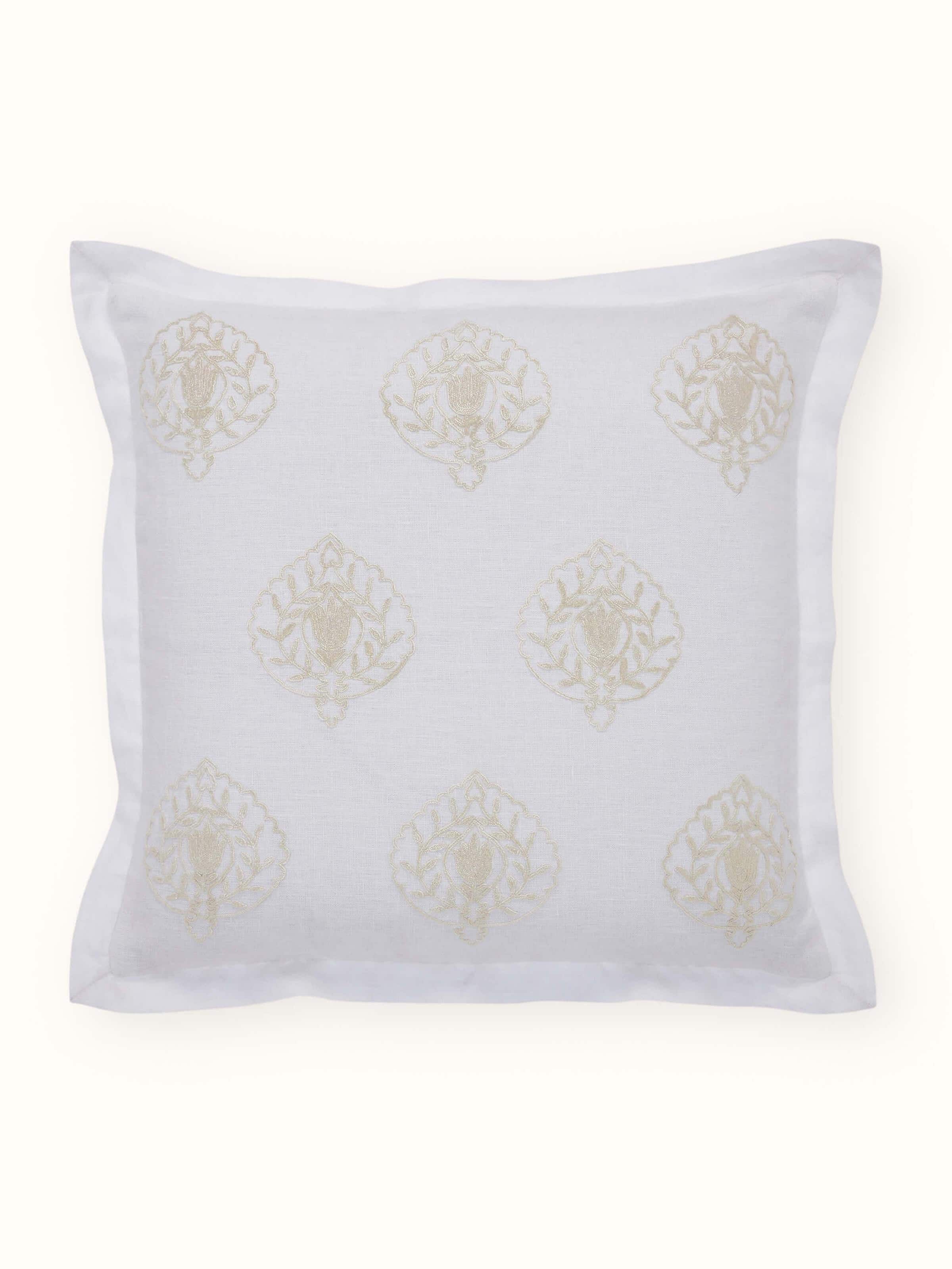 Razza Ivory Buti Linen Kashmir Chain Stitch Hand Embroidery Cushion Cover