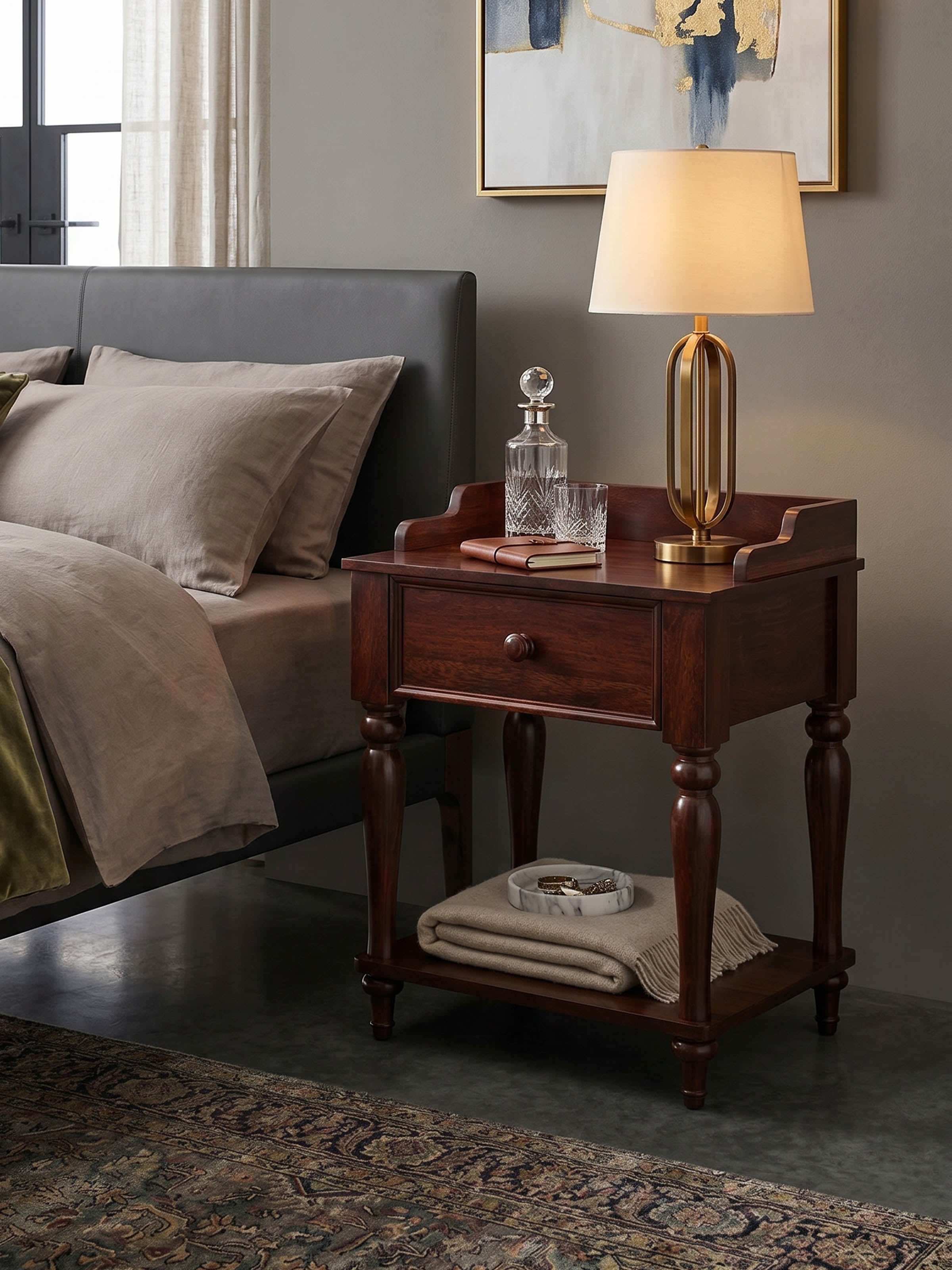 Teak Finish Sheesham Wood Bedside Table