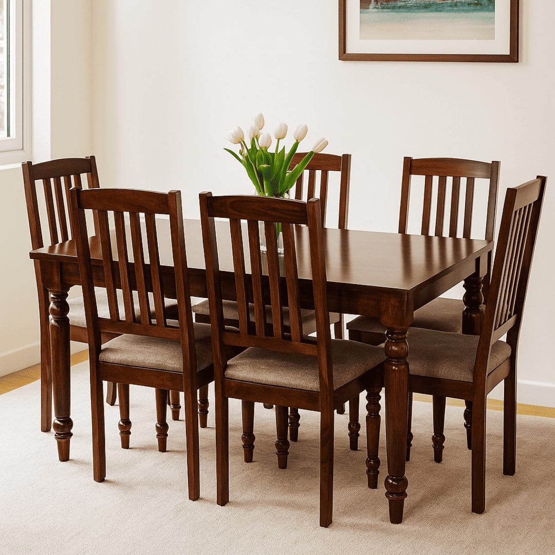 Globally Indian Sheesham Wood 6 Seater Dining Table Set With 6 Seater Cushioned Chairs -Straight Line Backrest