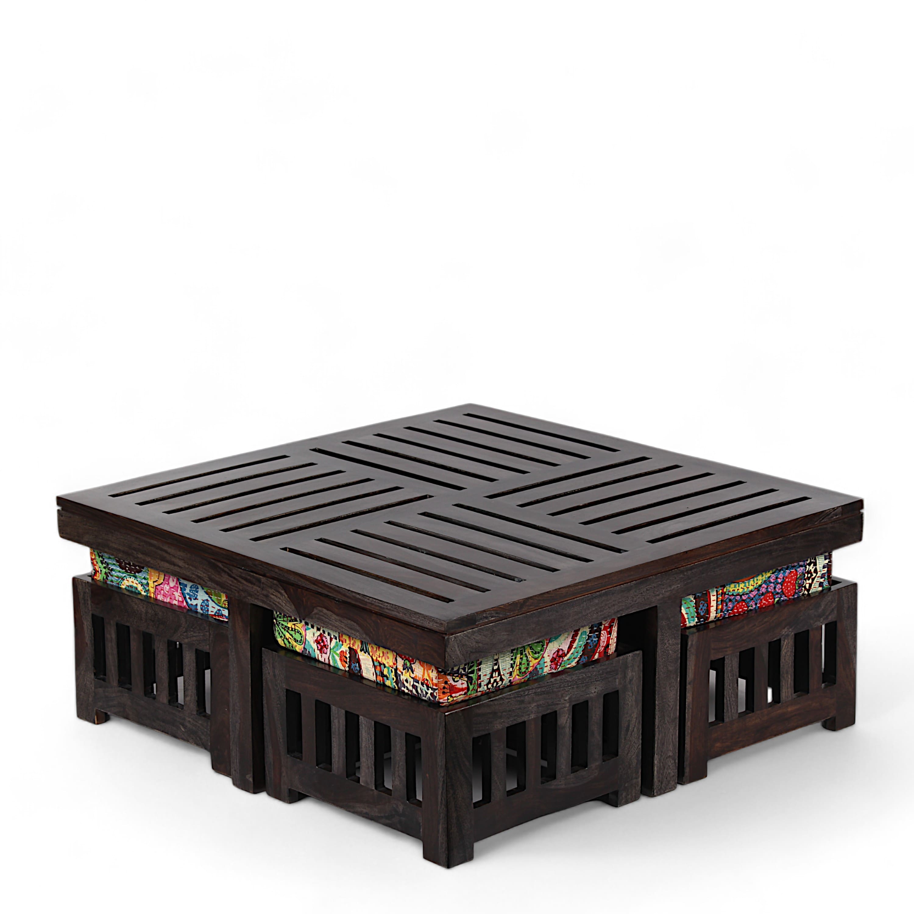 Palladio Sheesham Wood Coffee Table With 4 Stools Set In Mahogany Finish & Multi Colour Israel Print Kantha Fabric Cushions
