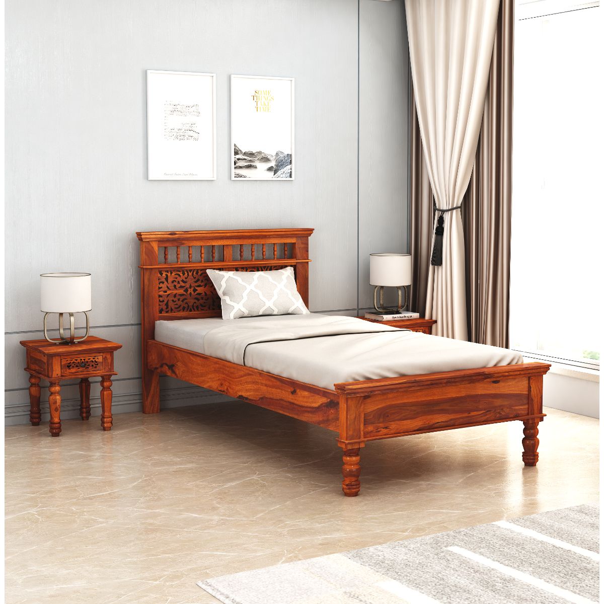 Naisha Solid Wood Single Size Non Storage Bed In Honey Finish - Vishwakarma Antique