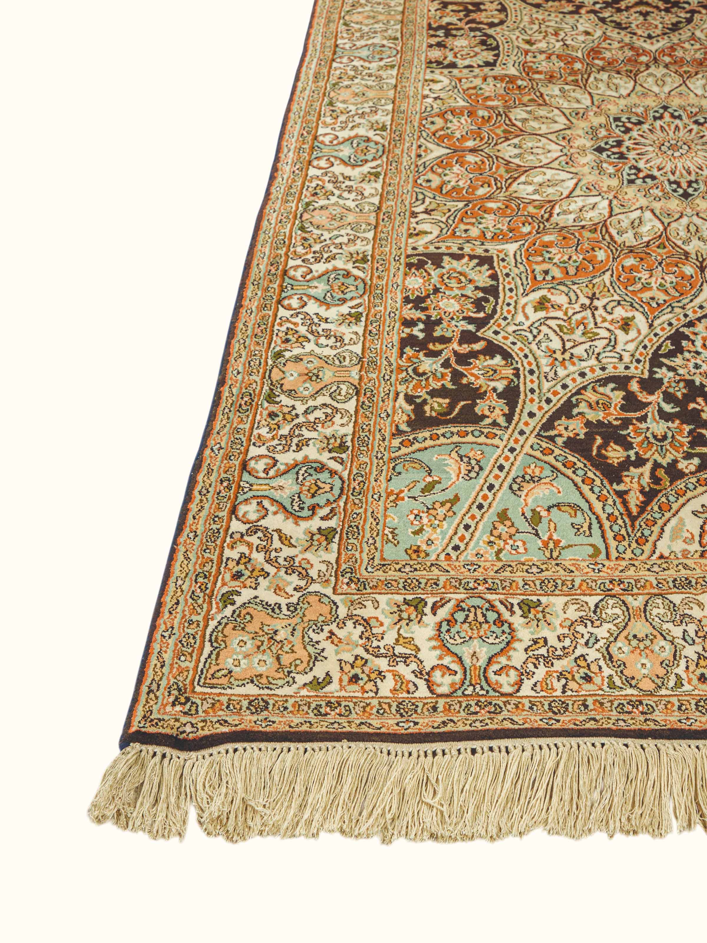 Traditional Persian Rust Sage Medallion Kashmir Silk Hand-Knotted Carpet