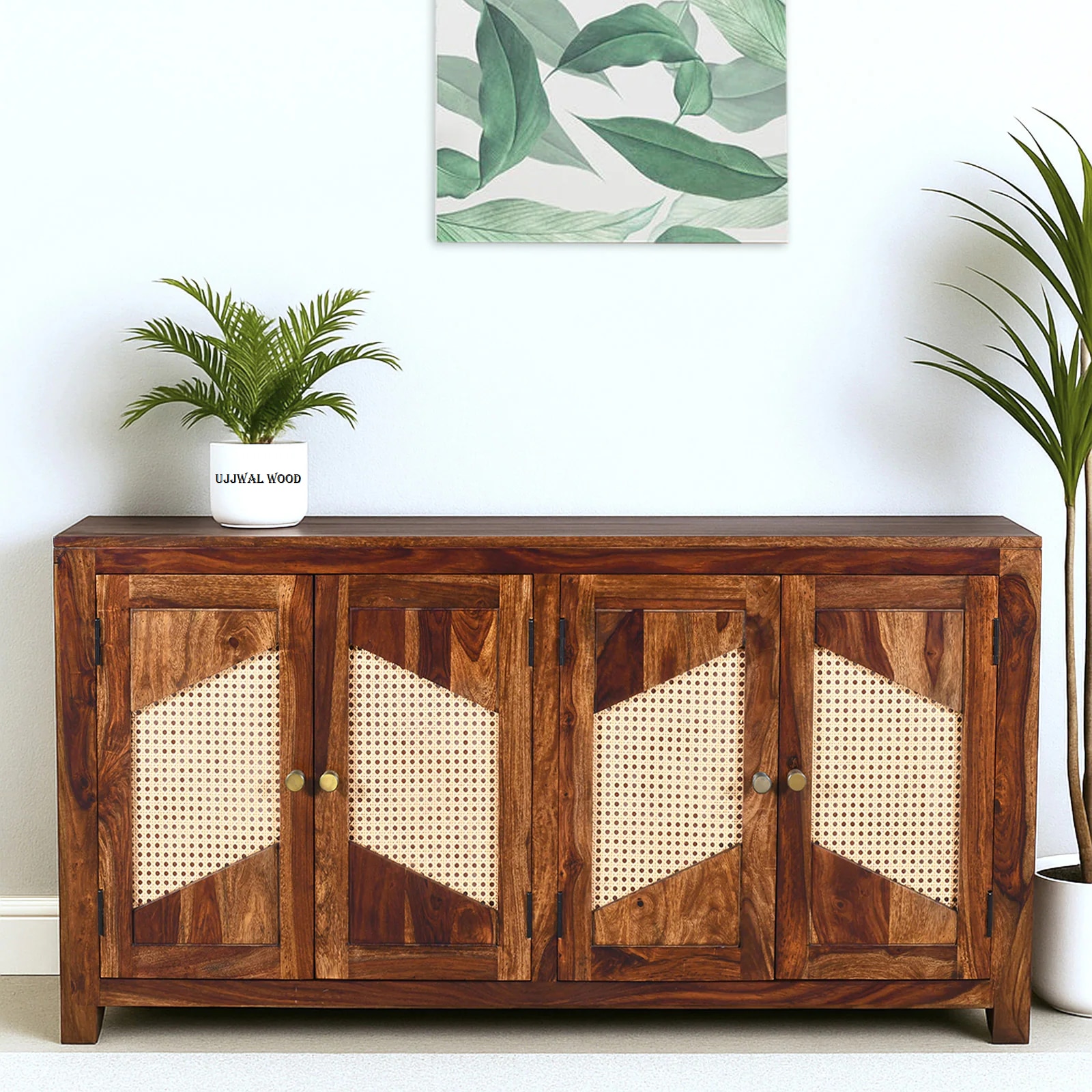 Sheesham Wood 4 Door Sideboard In Provincial Teak Finish - Ujjwal Wood