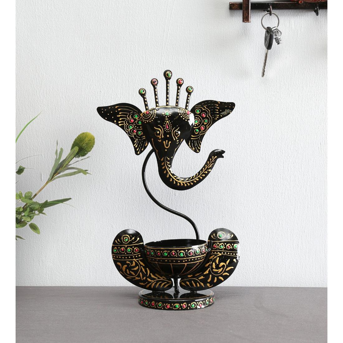 Desert Art Metal Handpainted Black Ganesha Tealight Holder-image-8