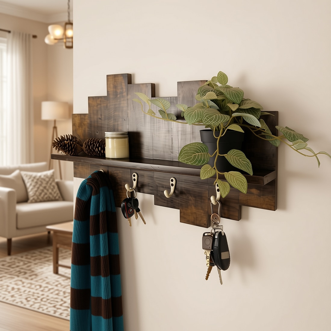 Glencroft Wooden Wall Shelf Organiser With Key Holders