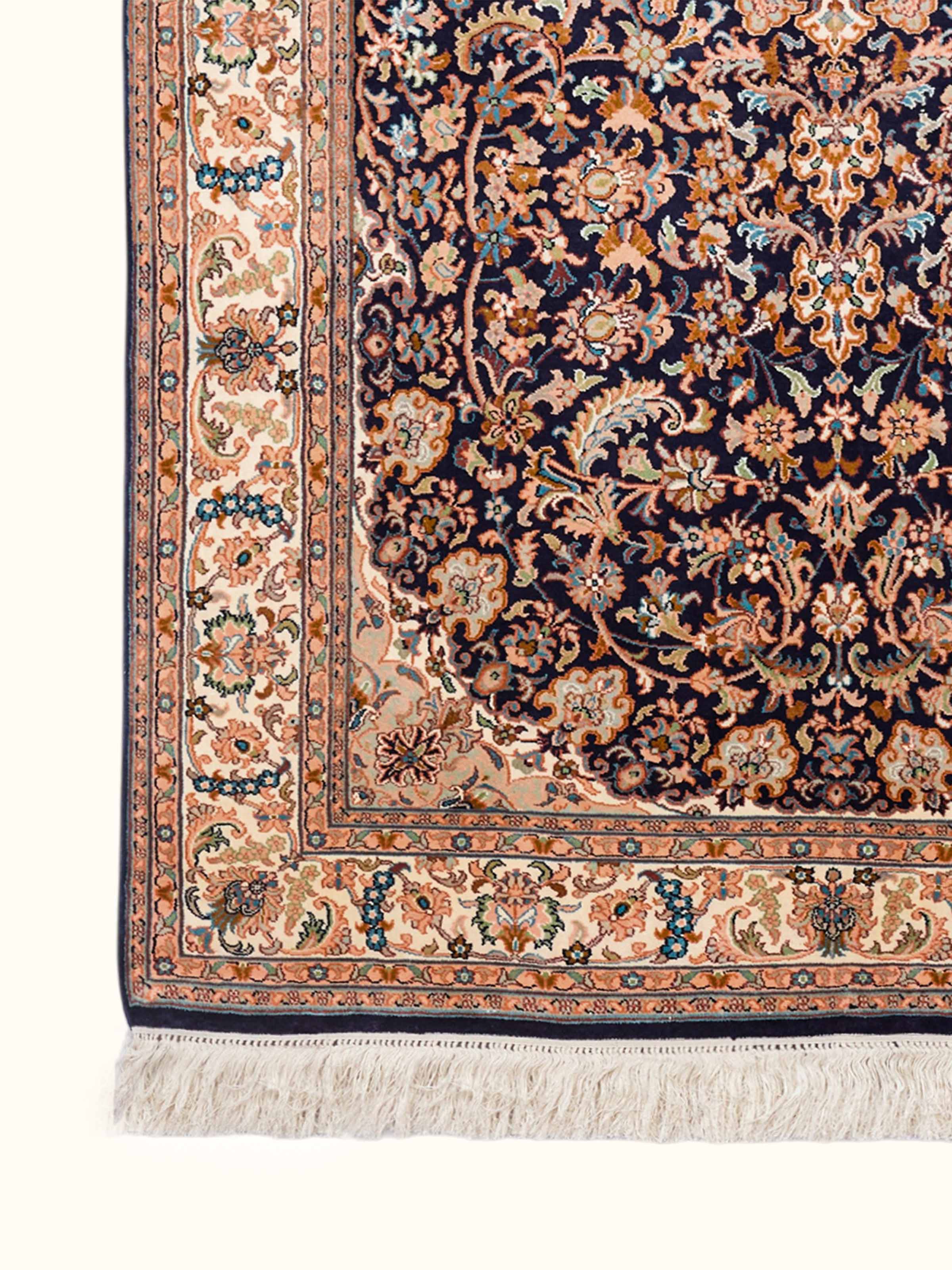 Traditional Persian Navy Ivory Kashan Kashmir Silk Hand-Knotted Carpet
