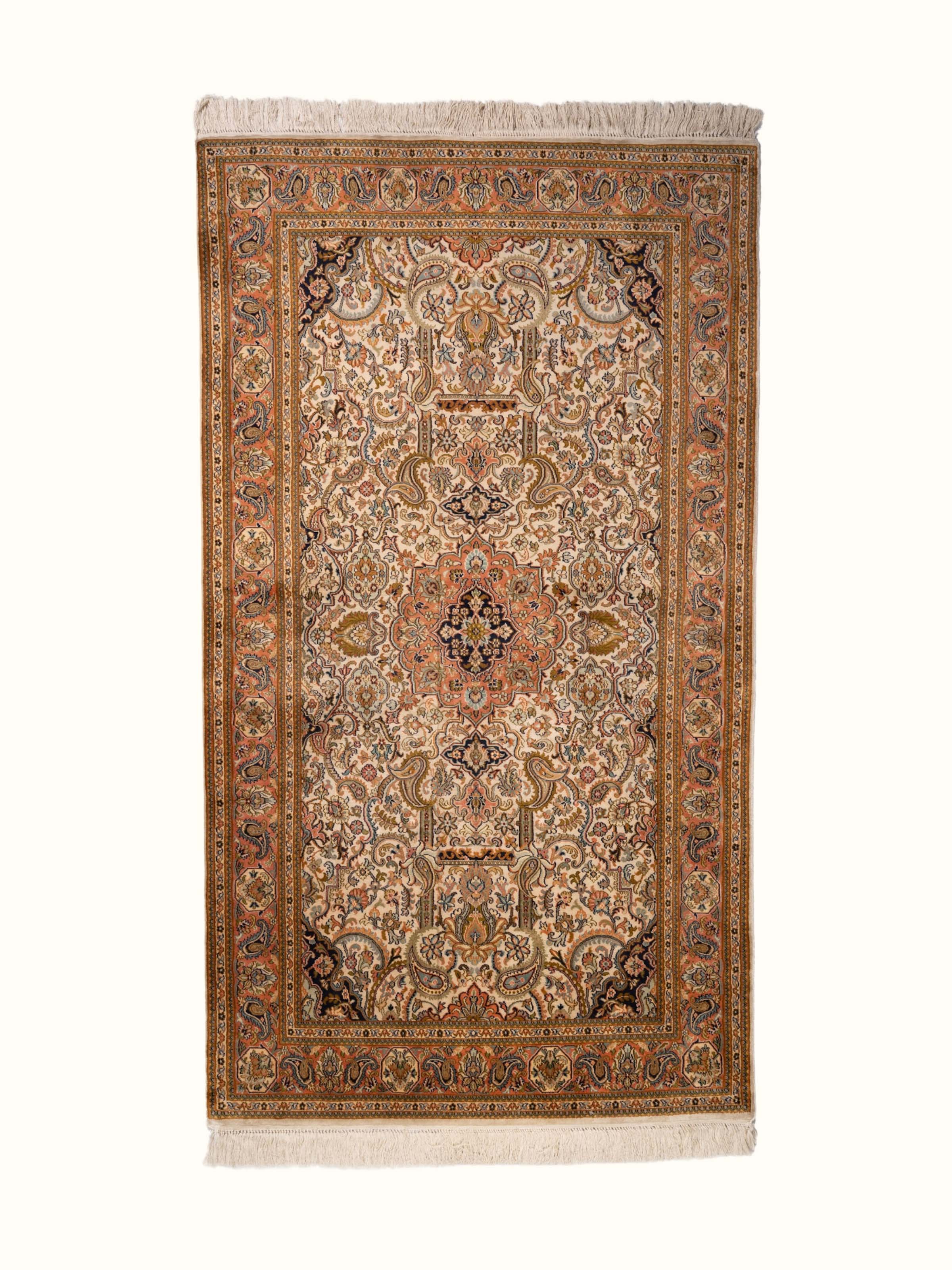 Traditional Persian Ivory Tabriz Kashmir Silk Hand-Knotted Carpet