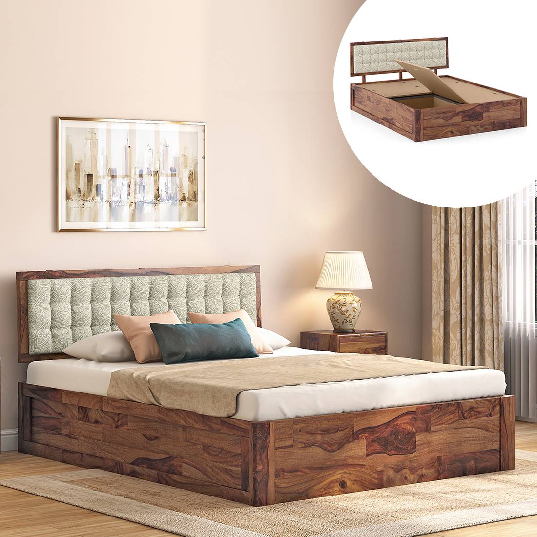 Florence Solid Wood Queen Size Box Storage Bed In Teak Finish