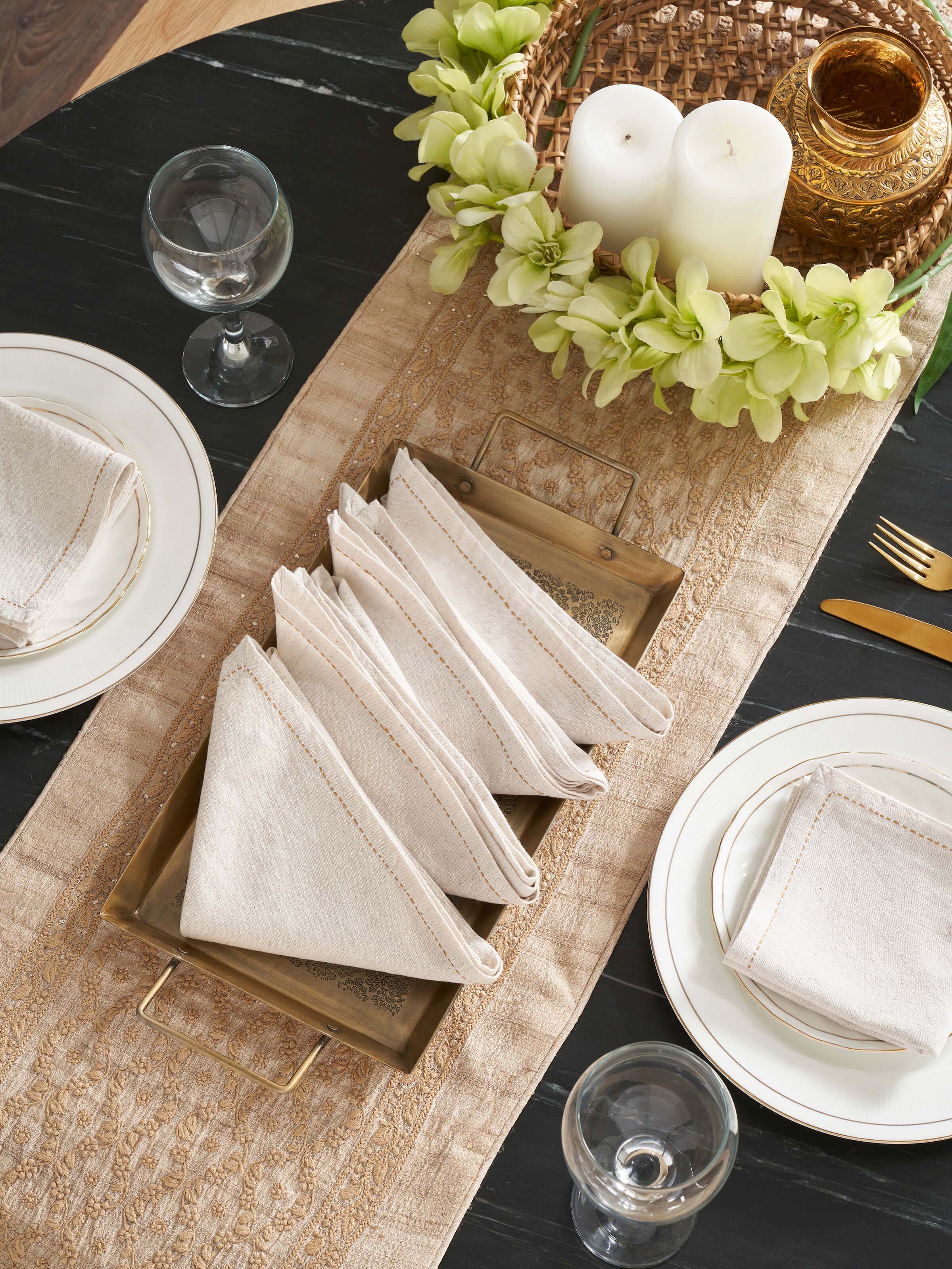 Sveth Ochre Solid Cotton Chikankari Hand Embroidery Dinner Napkins (6 Pcs)