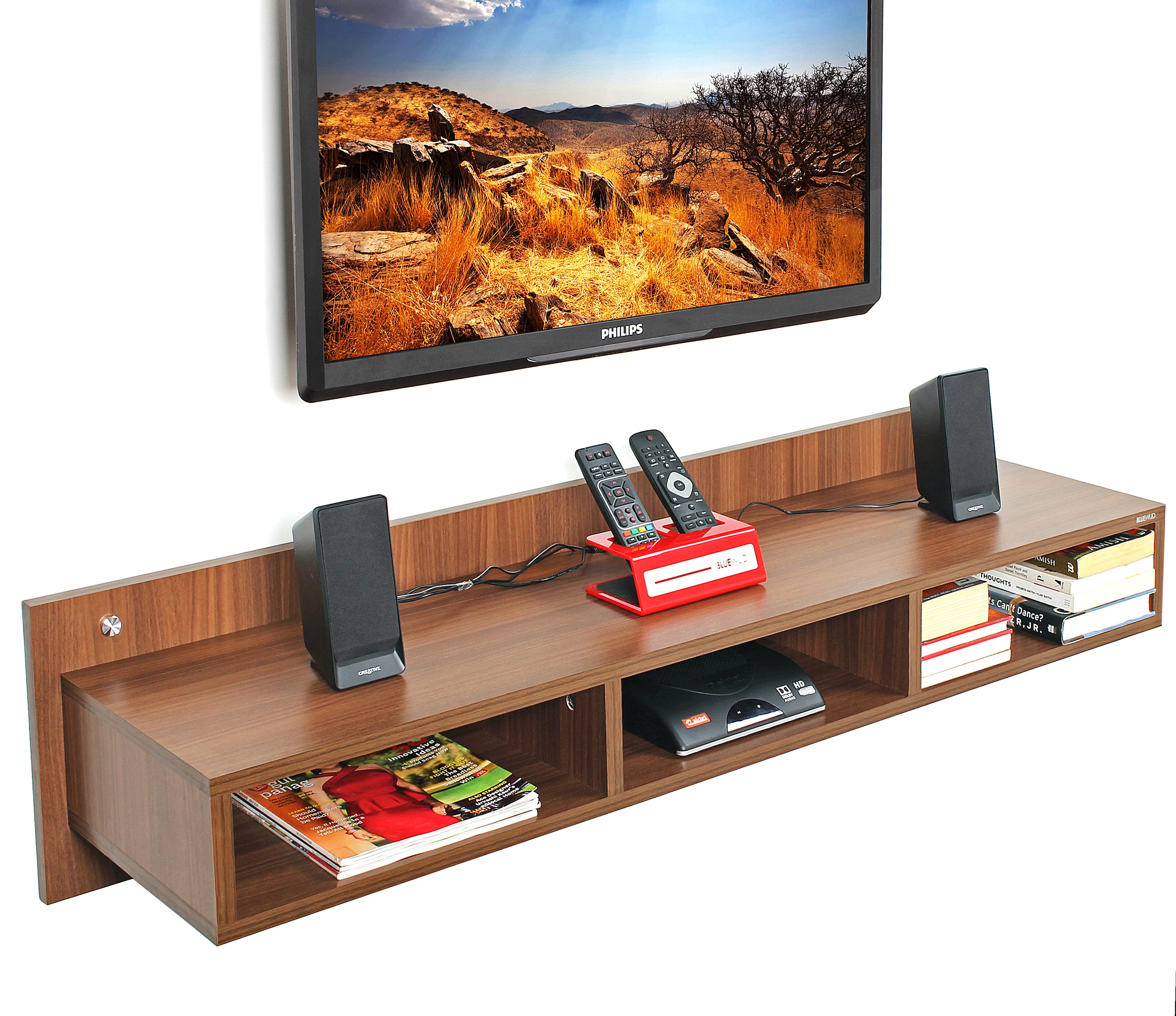 BLUEWUD Reynold Engineering Wood Wall Mount TV Entertainment Unit Set Top Box Stand/TV Cabinet Panel with Shelves for Books & D�cor Display Unit Bed Living Room Upto 55 Inches (Walnut)