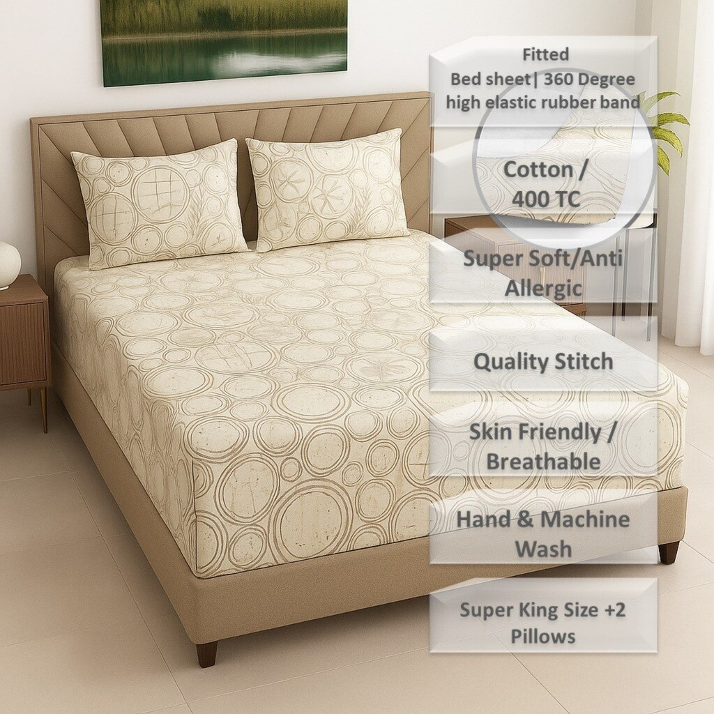 Off White Color Floral 400 TC Cotton Fitted Super King Bed Size Bedsheet With 2 Pilllow Covers  Threads