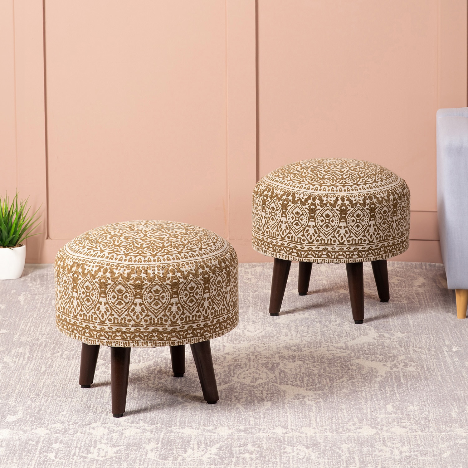 Mandala Fabric Wooden Ottoman in Yellow Color Set of 2 - Nestroots