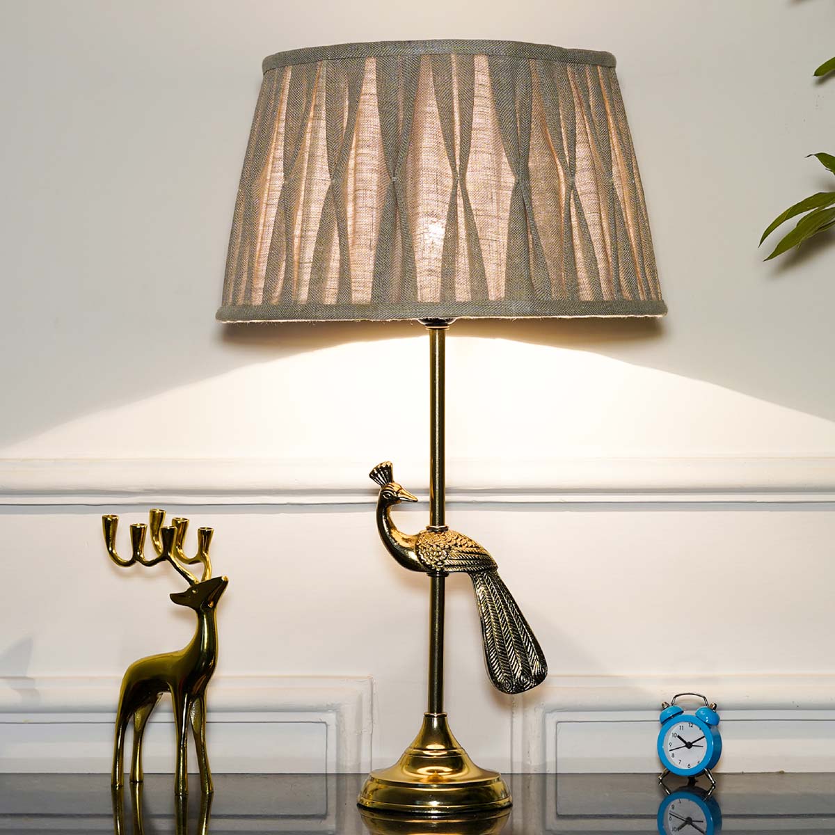 Torre Brass Finish Aluminium Table Lamp With Natural Linen Shade