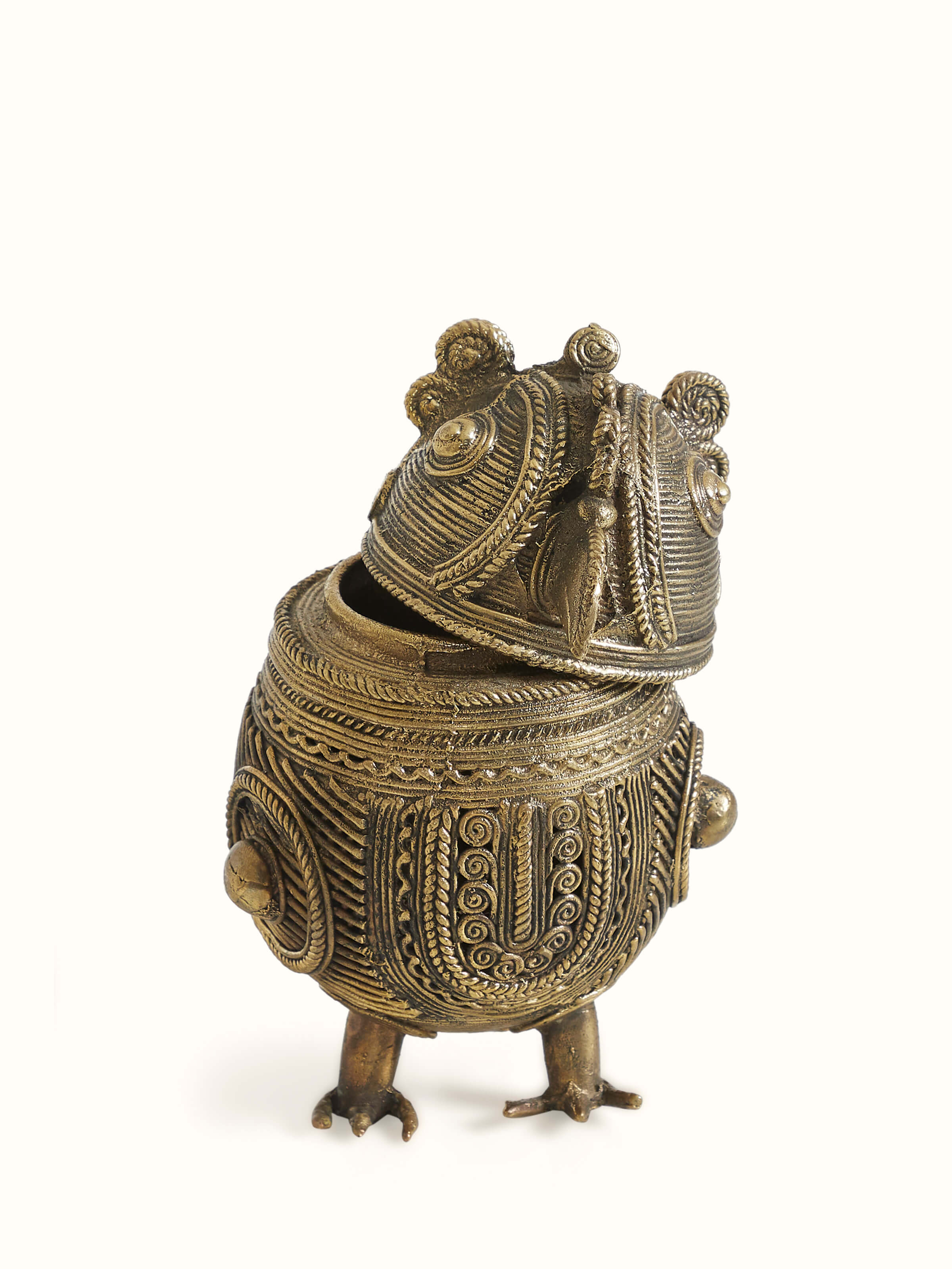 Dhokra brass owl-shaped box with lid open showing storage space inside