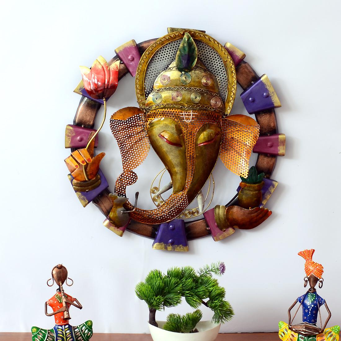 Desert Art Metal Handpainted Front Ganesha Wall Hanging-image-15