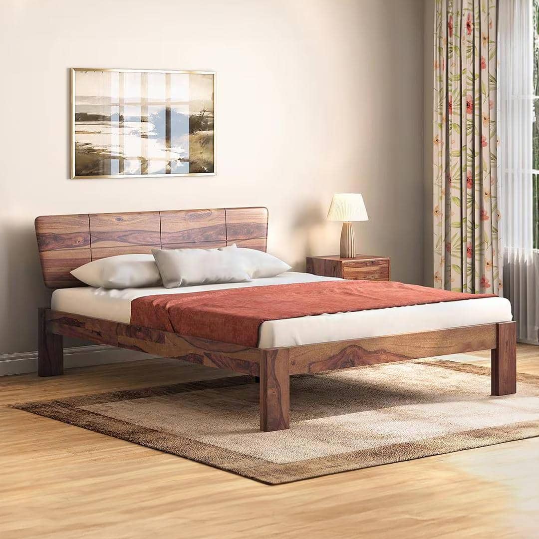 Marieta Bed Solid Wood Queen Size In Teak Finish