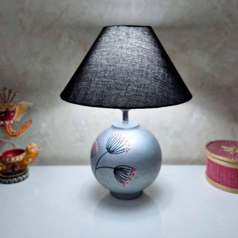 Azov Handmade & handpainted Silver colour Wooden matka lamp with Cotton Black shade