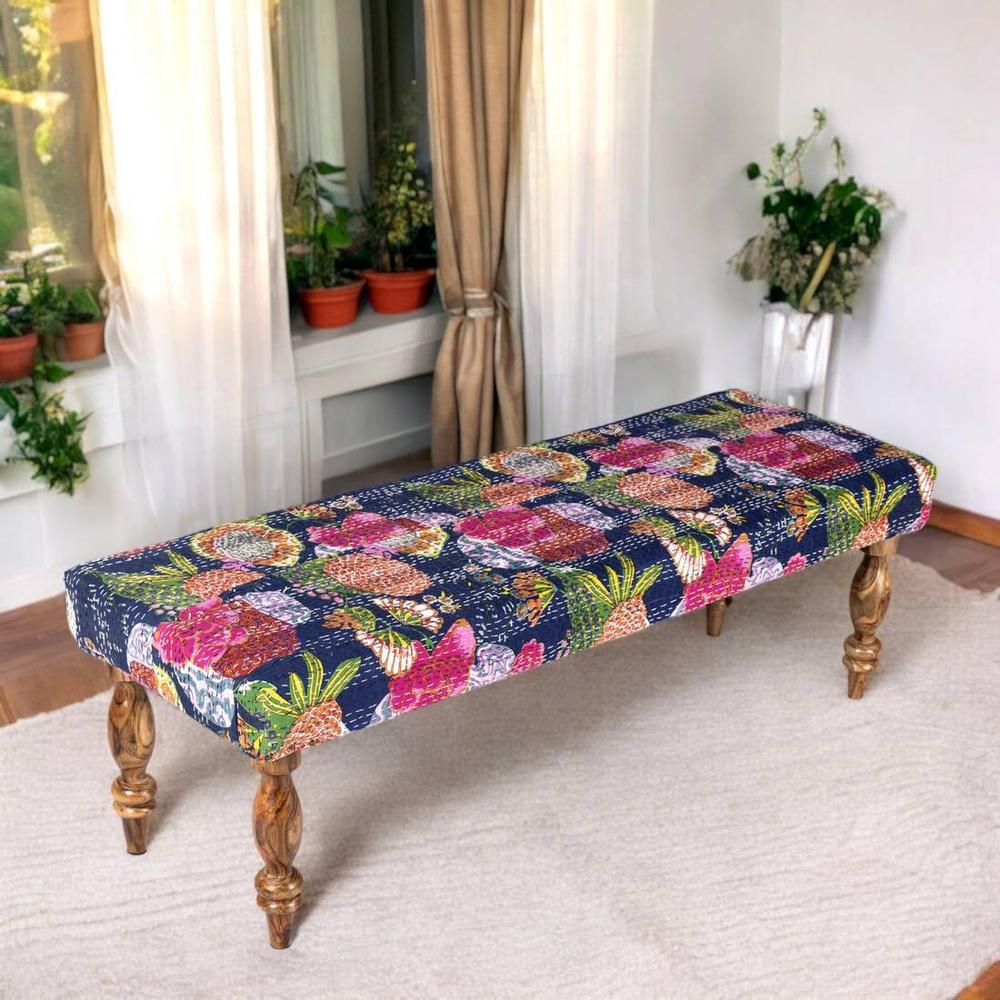 Cairo Sheesham Wood Mid Century 3 Seater Bench In Fruit Print Blue Kantha