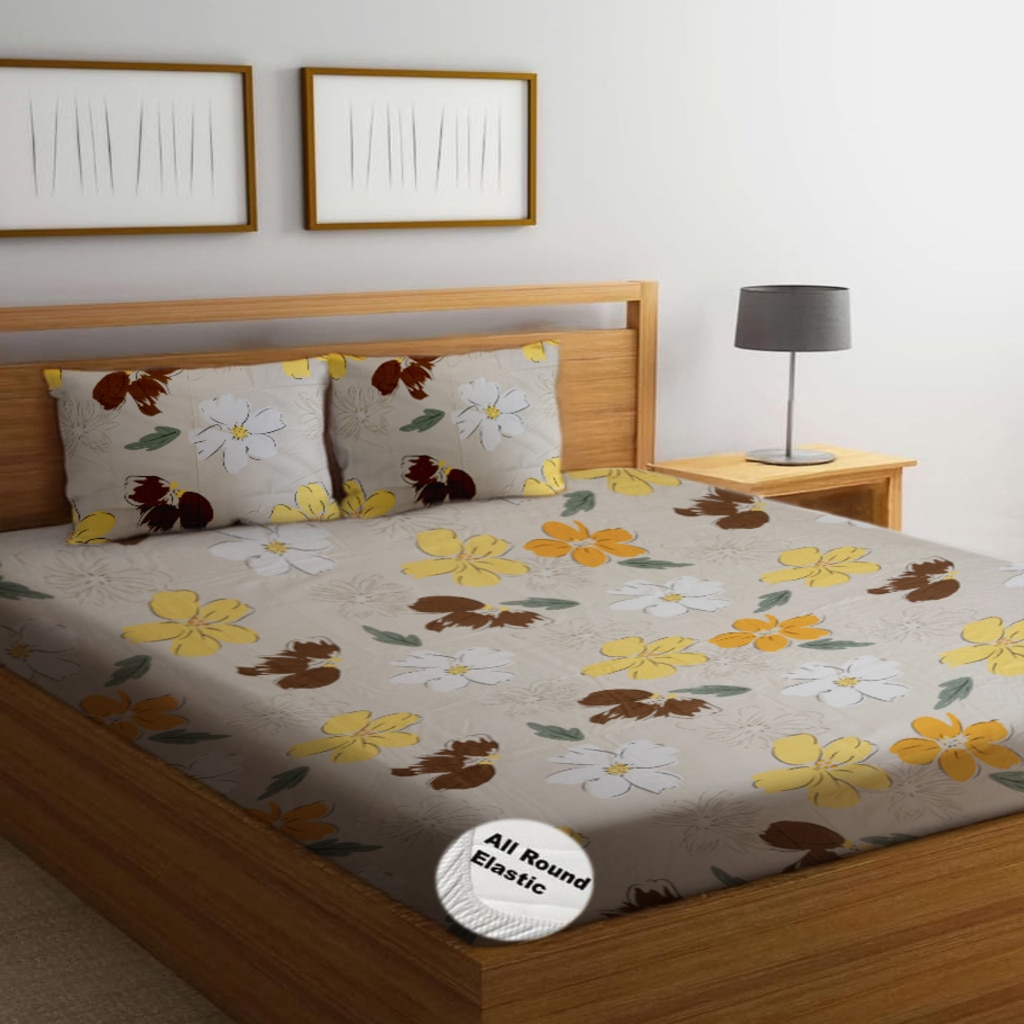 Lyra Multicolor Floral 350 TC Glaze Cotton Fitted Queen Size Bedsheet with 2 Pillow Covers – Threads - Threads