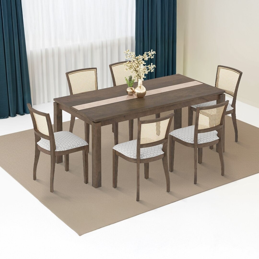 Atlas Crest Storage Solid Wood Dining Table With 6 Reed Cane Chairs (Finish : Danish Walnut, Chair Colour : Grey Floral) - Urban Ladder
