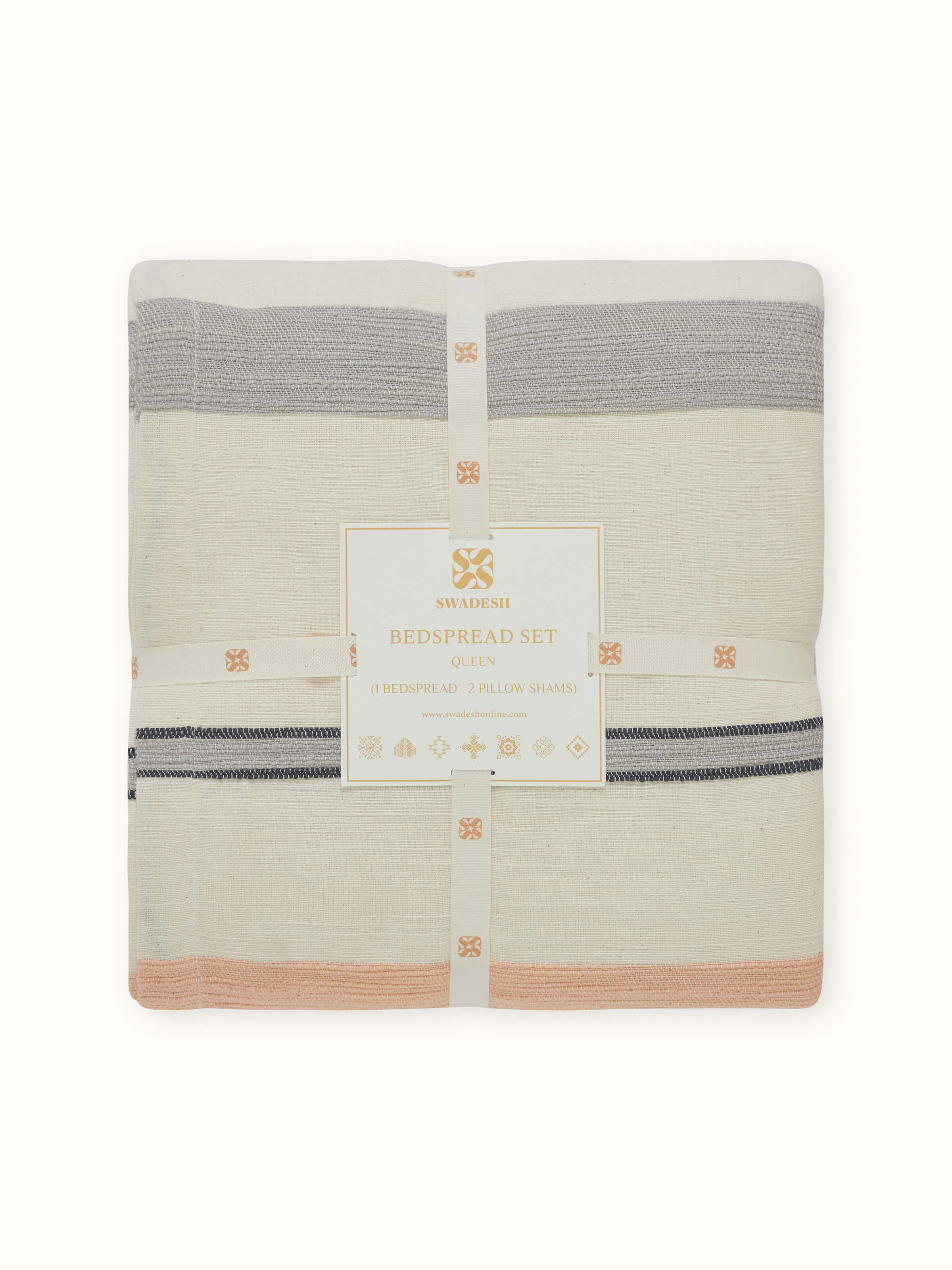 Alternate close-up of fabric texture and edges in Neerja handloom queen-size grey stripe bedspread