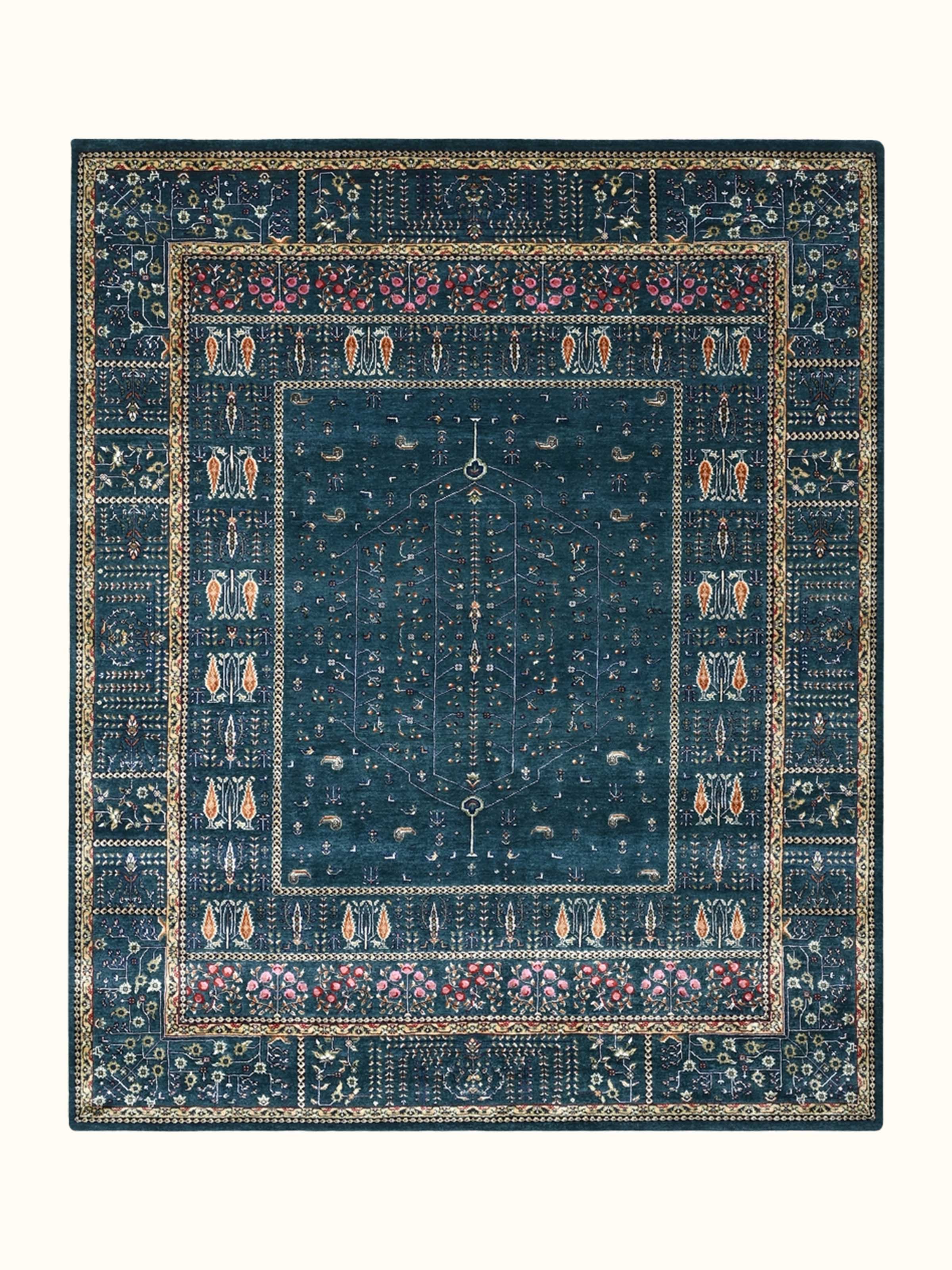 Traditional Persian Blue Rust Tree of Life Bhadohi Wool & Bamboo Silk Hand Knotted Rug