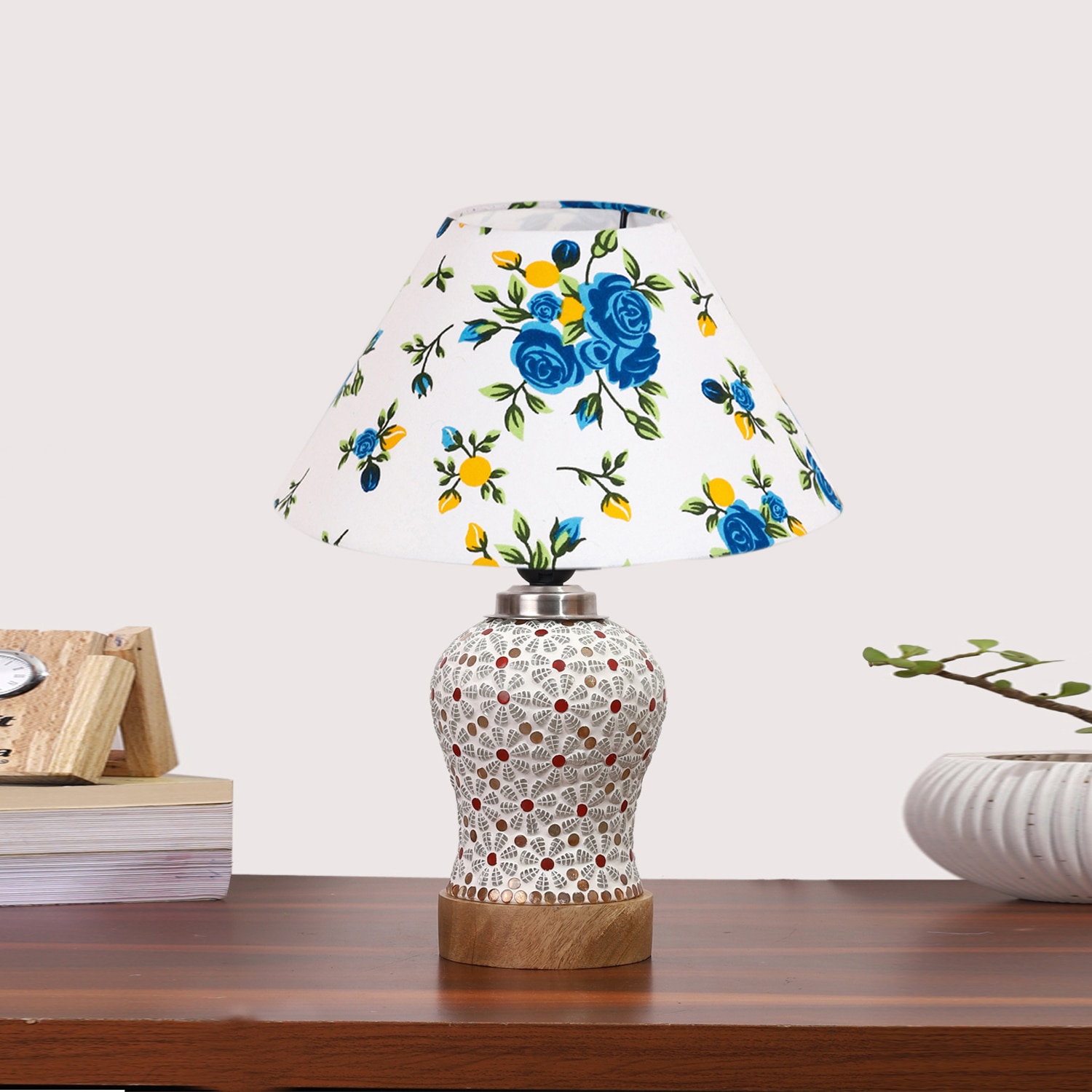 Devansh Conical Multi Cotton Shade Lamp With Wood & Mosaic Glass Base For Decoration/Office/Home/Gifting/Study For Decoration/Office/Home/Gifting/Study -(10X10X14.5) Inches -A