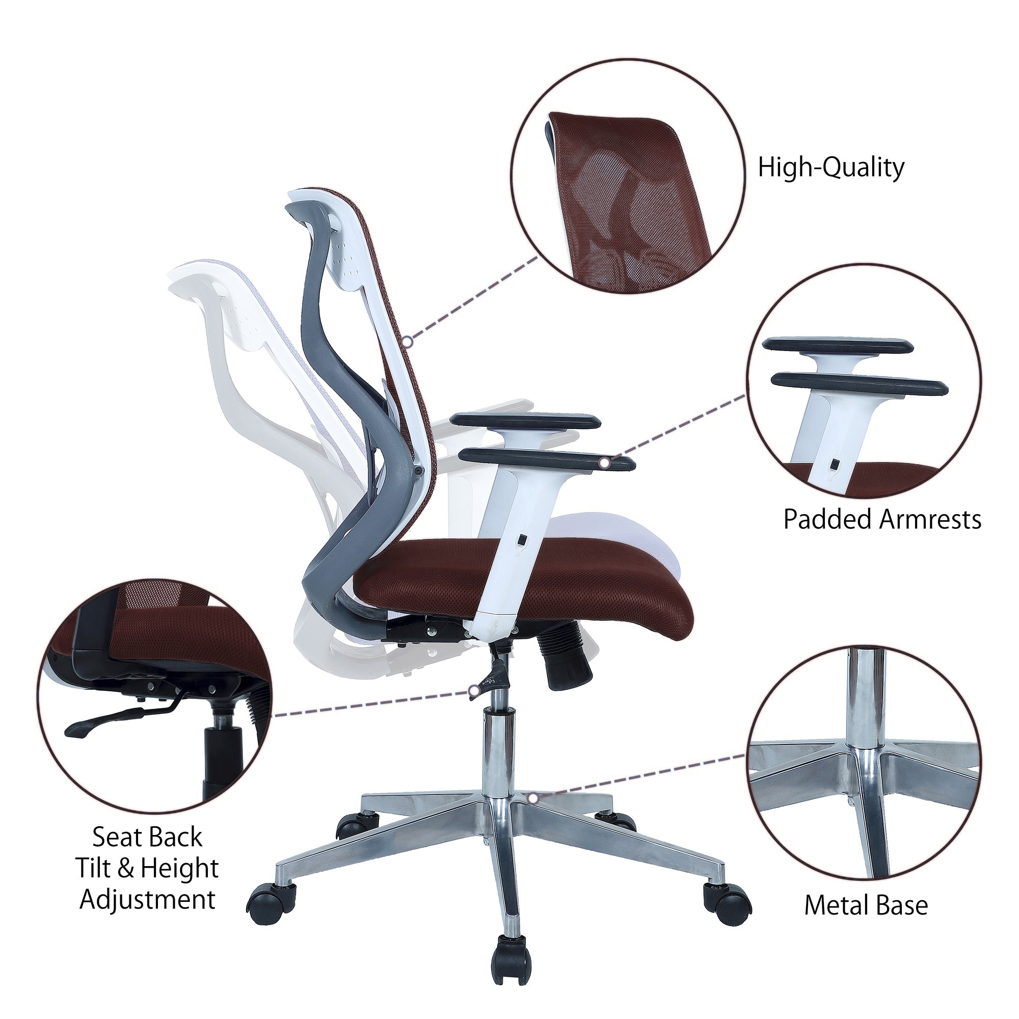 Wiwngas Mid Back Ergonomic Chair in Brown Colour