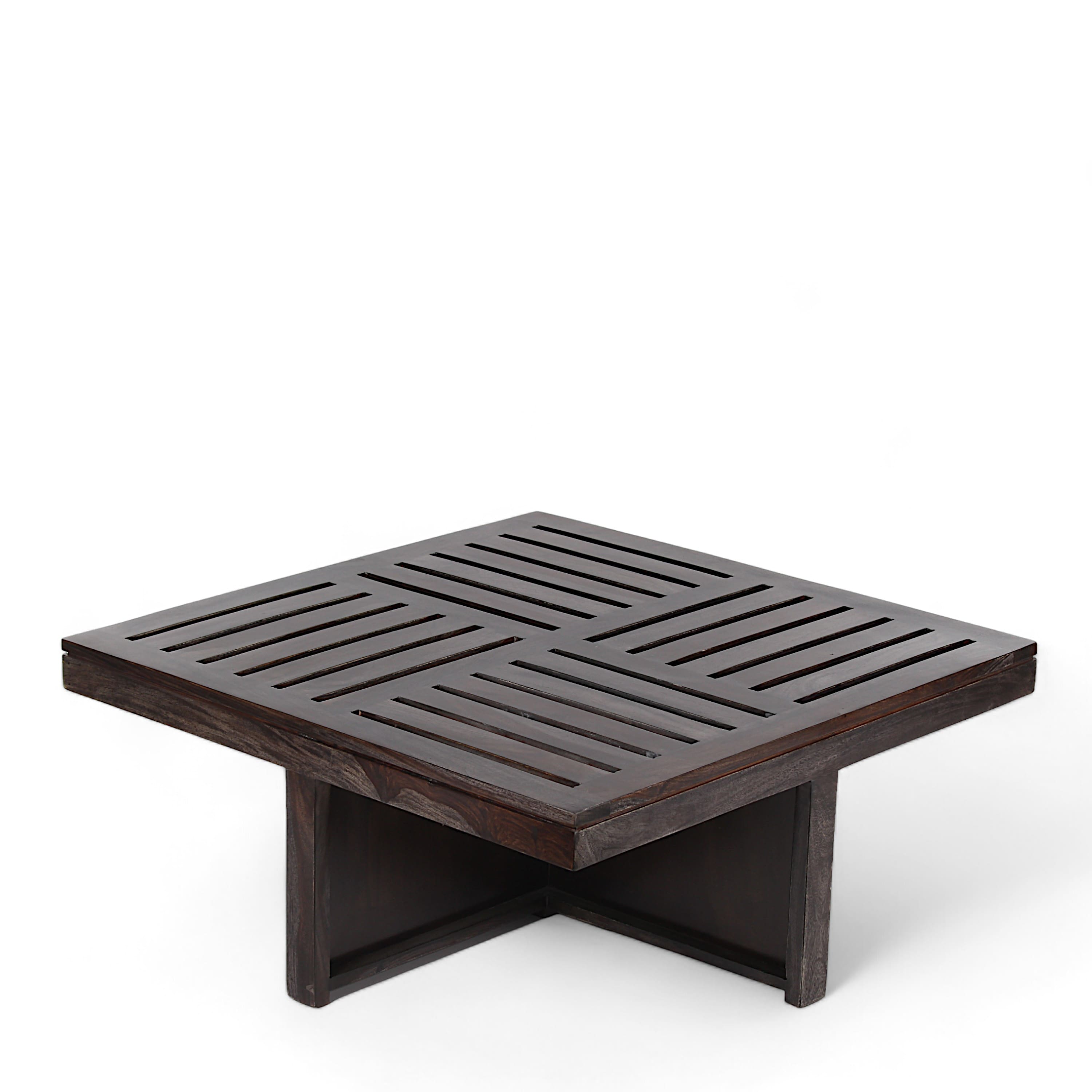 Palladio Sheesham Wood Coffee Table With 4 Stools Set In Mahogany Finish & Multi Colour Israel Print Kantha Fabric Cushions