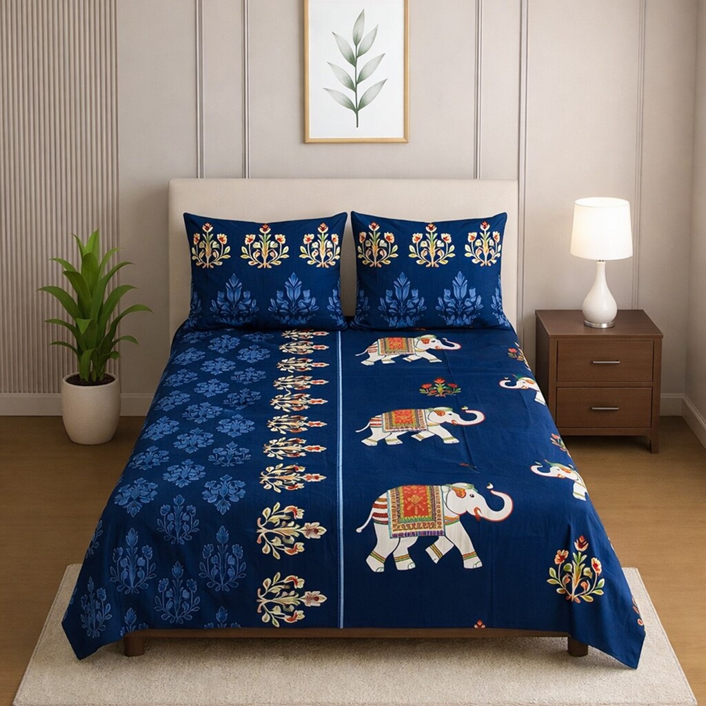 Gio Blue Floral 400 TC Cotton Flat Single Size Bedsheet with 2 Pillow Covers – Threads - Threads