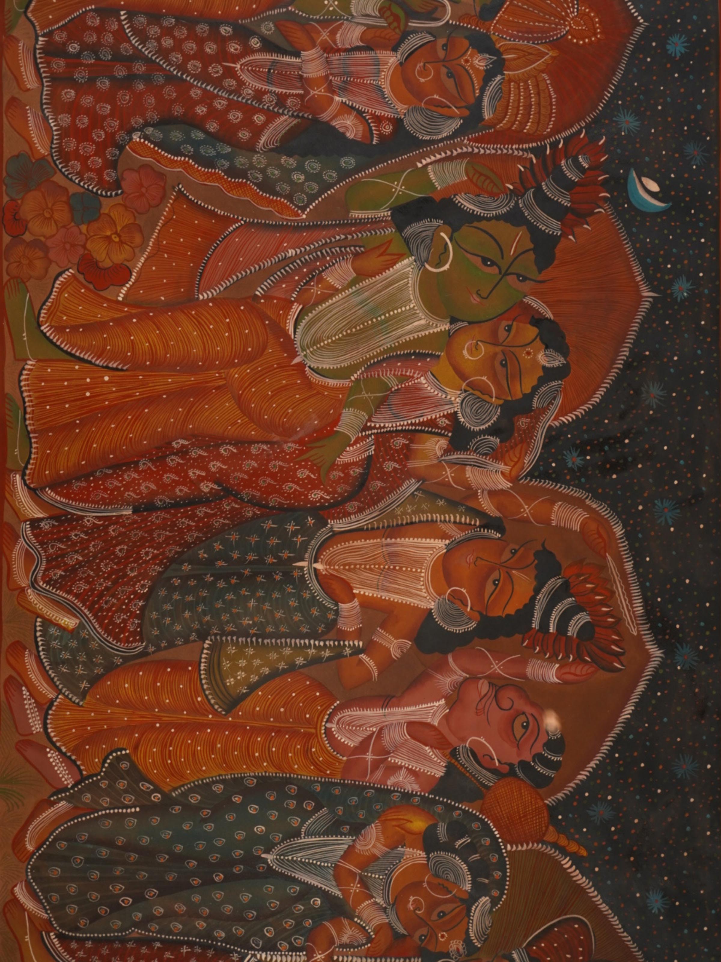 Detail close-up of Kalighat Ramayana painting showing narrative artwork and brushwork