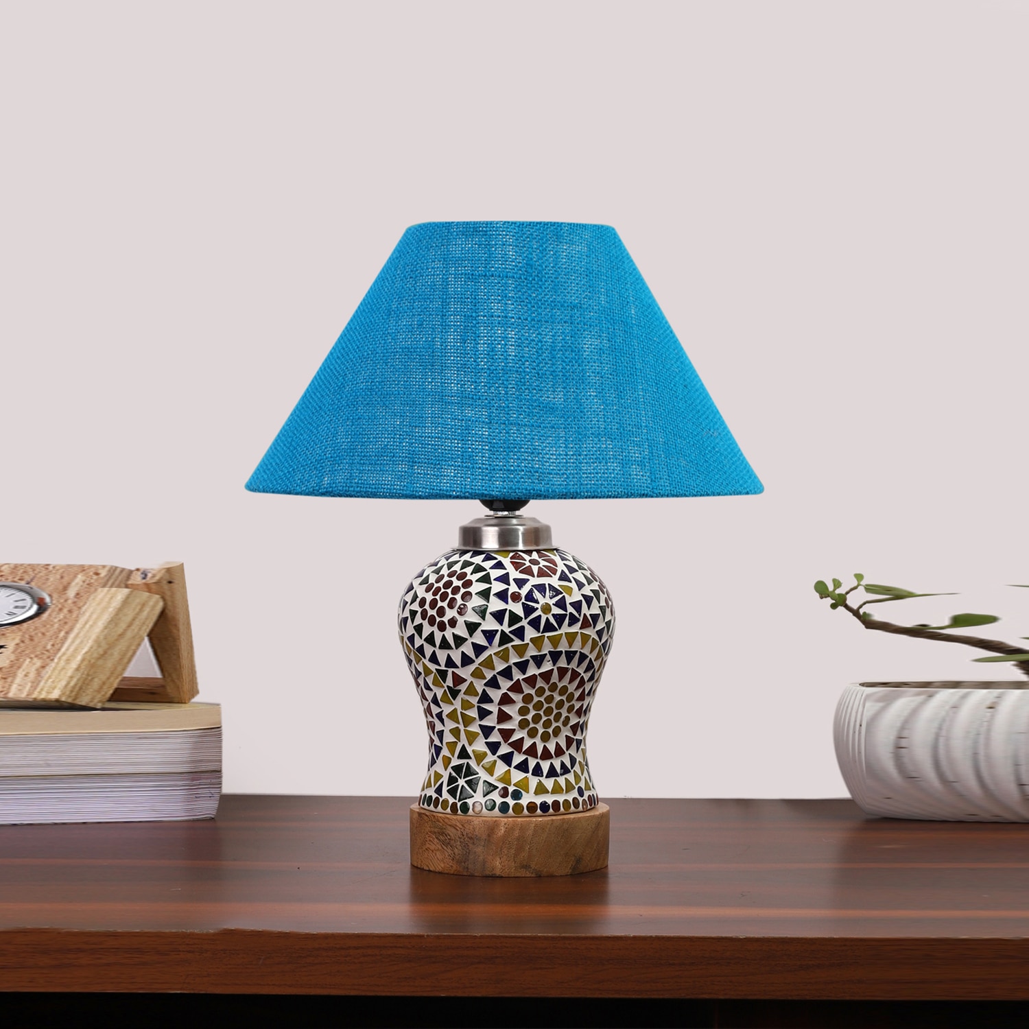 Devansh Conical Turquoise Jute Shade Lamp With Wood & Mosaic Glass Base For Decoration/Office/Home/Gifting/Study For Decoration/Office/Home/Gifting/Study -(10X10X14.5) Inches -A - Devansh