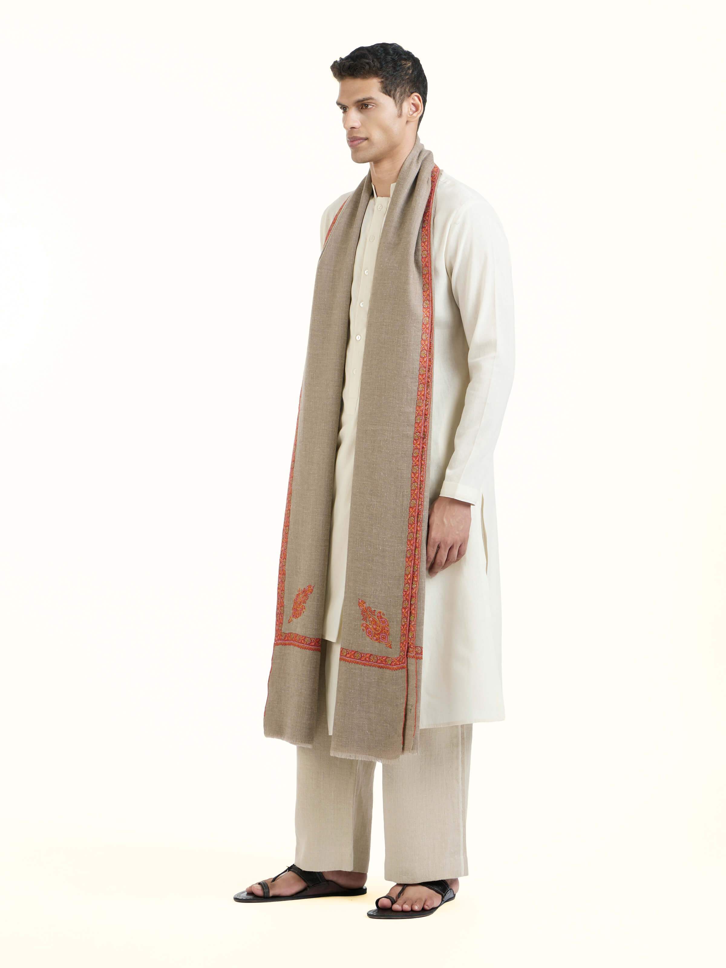 Beige Sozni Hand Embroidered Shawl