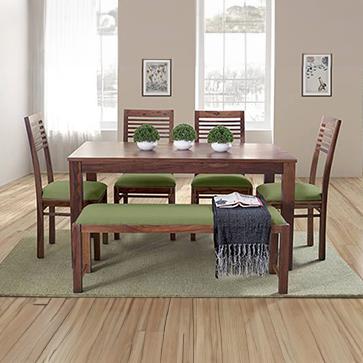 Oribi Dining Bench In Teak Finish With Avocado Green Fabric