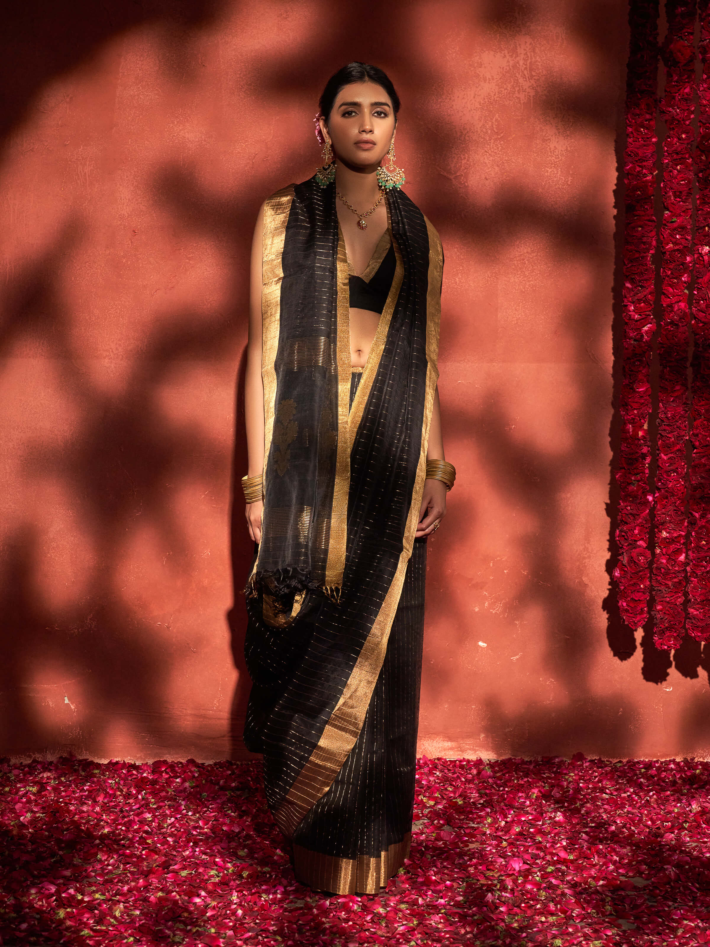 Side view of pink mulberry silk Chanderi saree showcasing lightweight texture