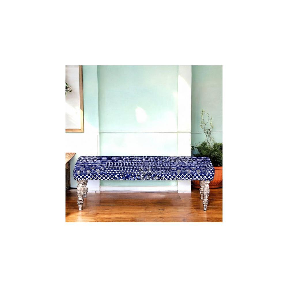 Cairo Solid Wood 2 Seater Bench In Indigo Patch Kantha Fabric