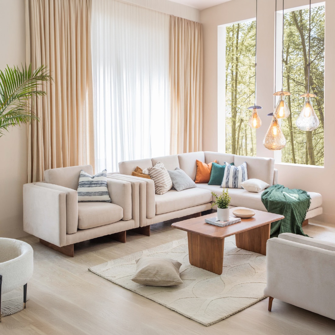Chiyo Solid Wood L Shape Sofa Set Two Seater Left Aligned Chaise in Beige Colour - Orange Tree