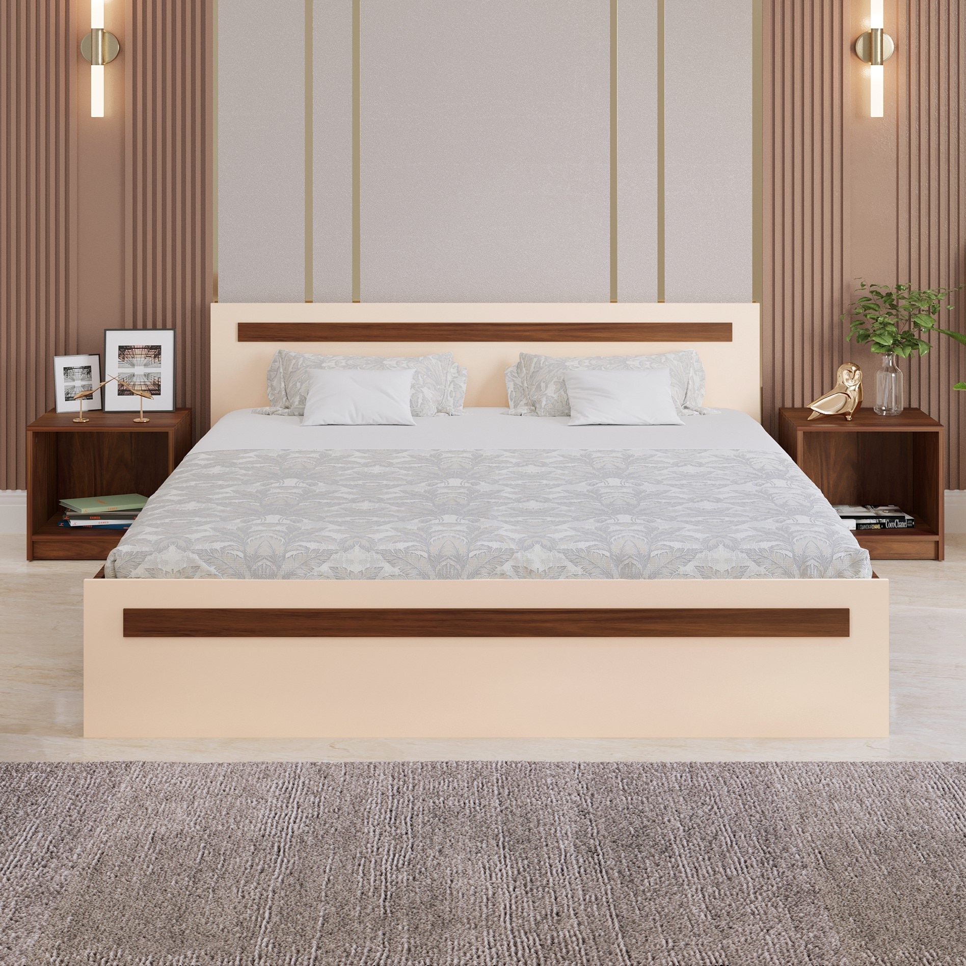 BLUEWUD Maltein Engineered Wood Double Bed, King Size Bed with Storage Box for Bedroom Home Furniture (Brown Maple & Beige)