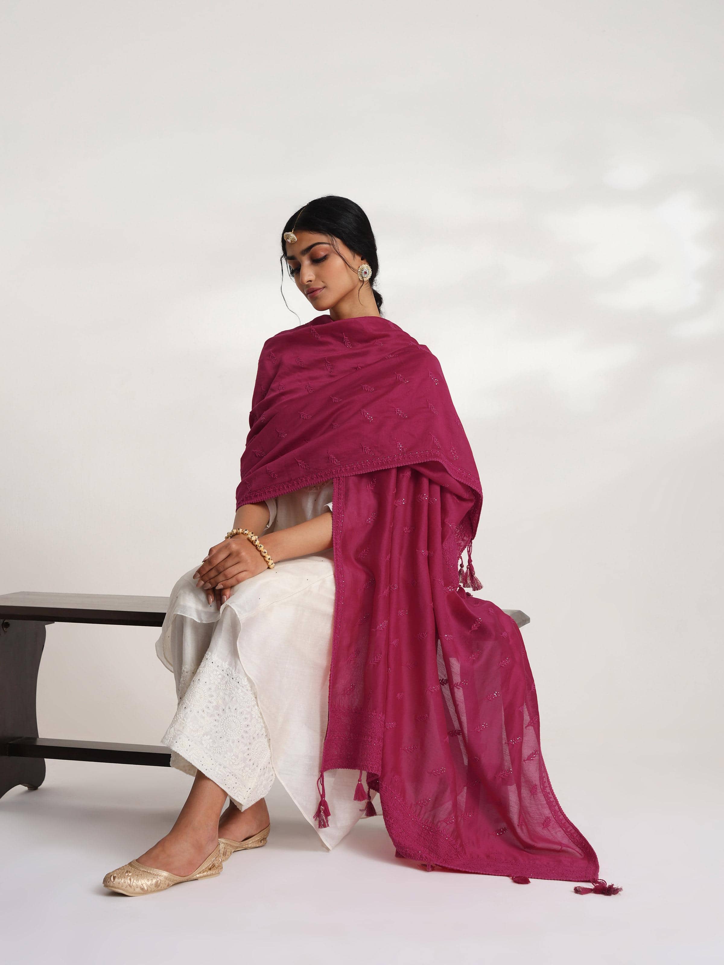 Fuschia Chikankari Handwoven Dupatta