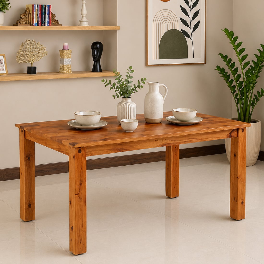 Donna Solid Wood 6 Seater Dining Table in Warm Walnut Finish - Jyoti Impex