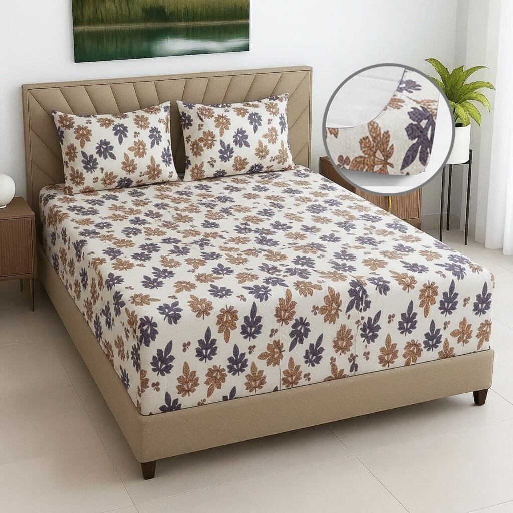 Beige Floral 270 TC Glaze Cotton Fitted Queen Size Bedsheet With 2 Pilllow Covers